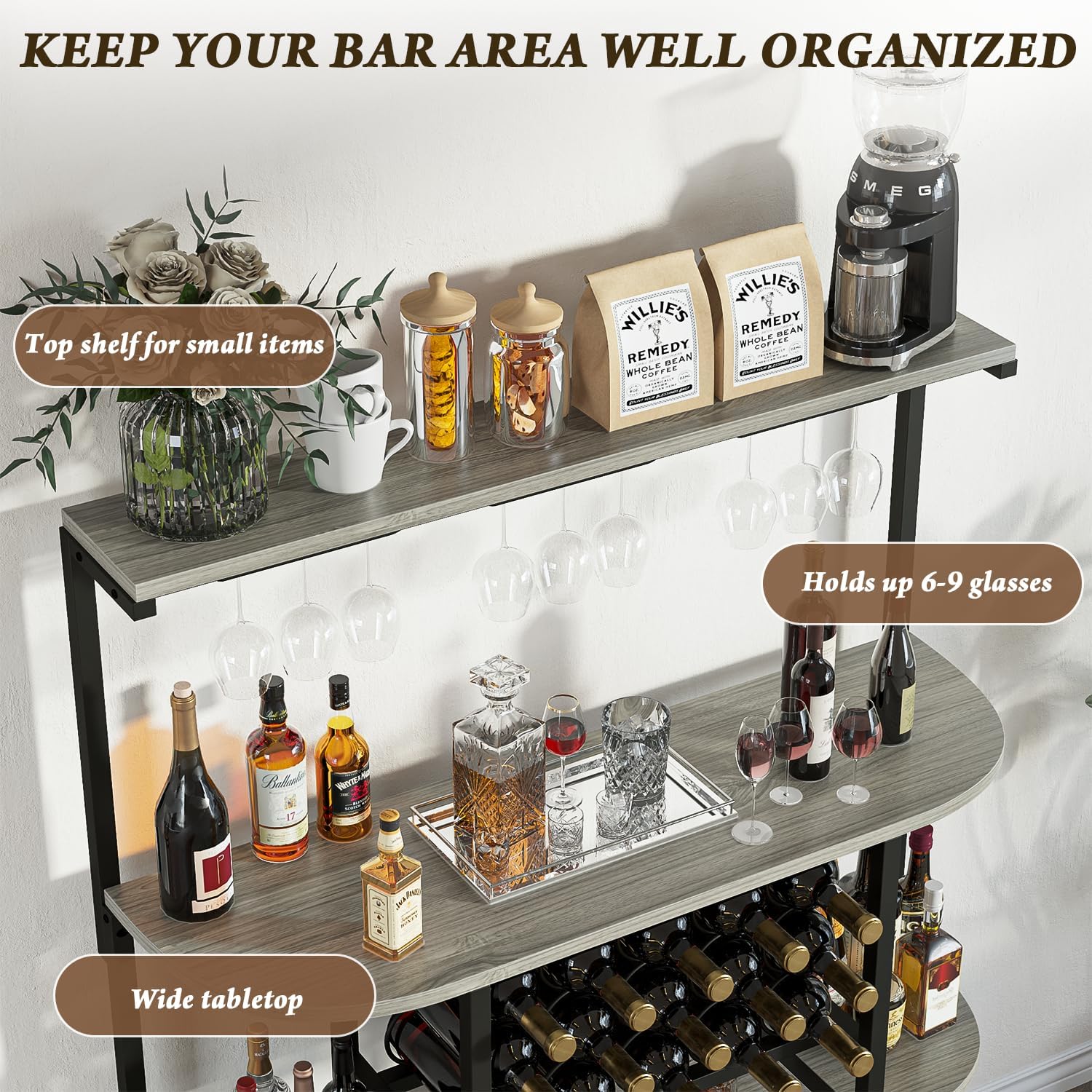 PRETZI Tall Bar Cabinet, 4-Tier Wine Bar Cabinet with Bottle & Glasses Holder, Freestanding Home Wine Rack for Liquor, Bar Stand with Anti-Tip Device for Home Kitchen Dining Room, Gray, 52"