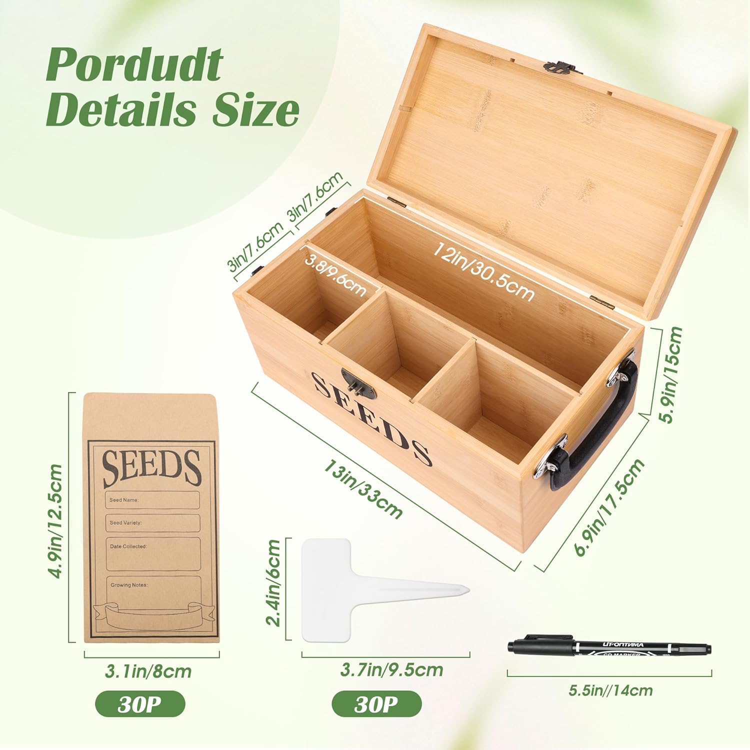Luxiv Bamboo Seed Saving Box, Wood Seed Storage Organizer Box Large Seed Container with Lid Wood Garden Seed Bin with Lock, 3 Handle, 30P Envelope Seed Bags, 30P Plant Tags, 1 Double Side Pen