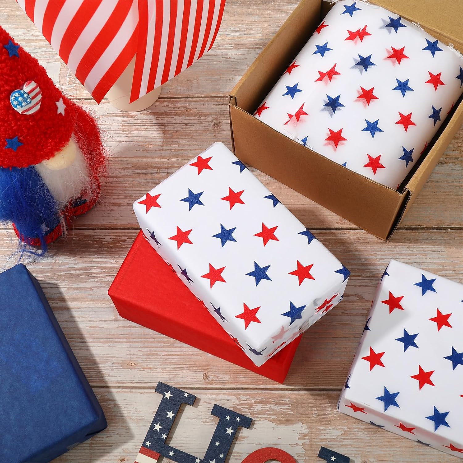 Whaline 90 Sheets Patriotic Tissue Paper Blue Red Star Gift Wrapping Paper 4th of July Decorative Art Paper for 250th Anniversary DIY Crafts Independence Day Party Decorations, 14 x 20 Inch