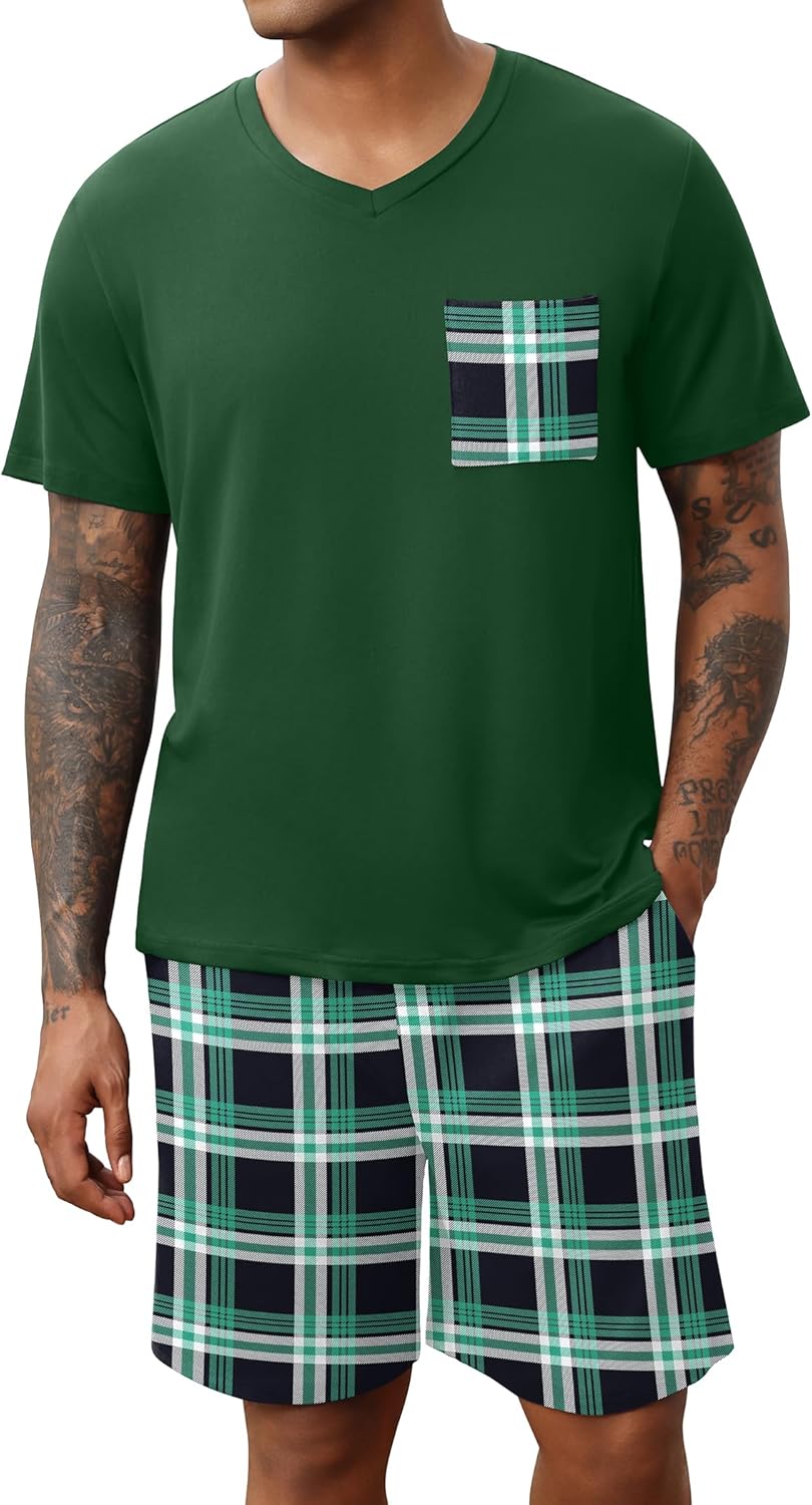 Ekouaer Mens Pajamas Set Soft Lounge Set V Neck Sleep Nightwear Short Sleeve Pjs with Pocket S-XXL