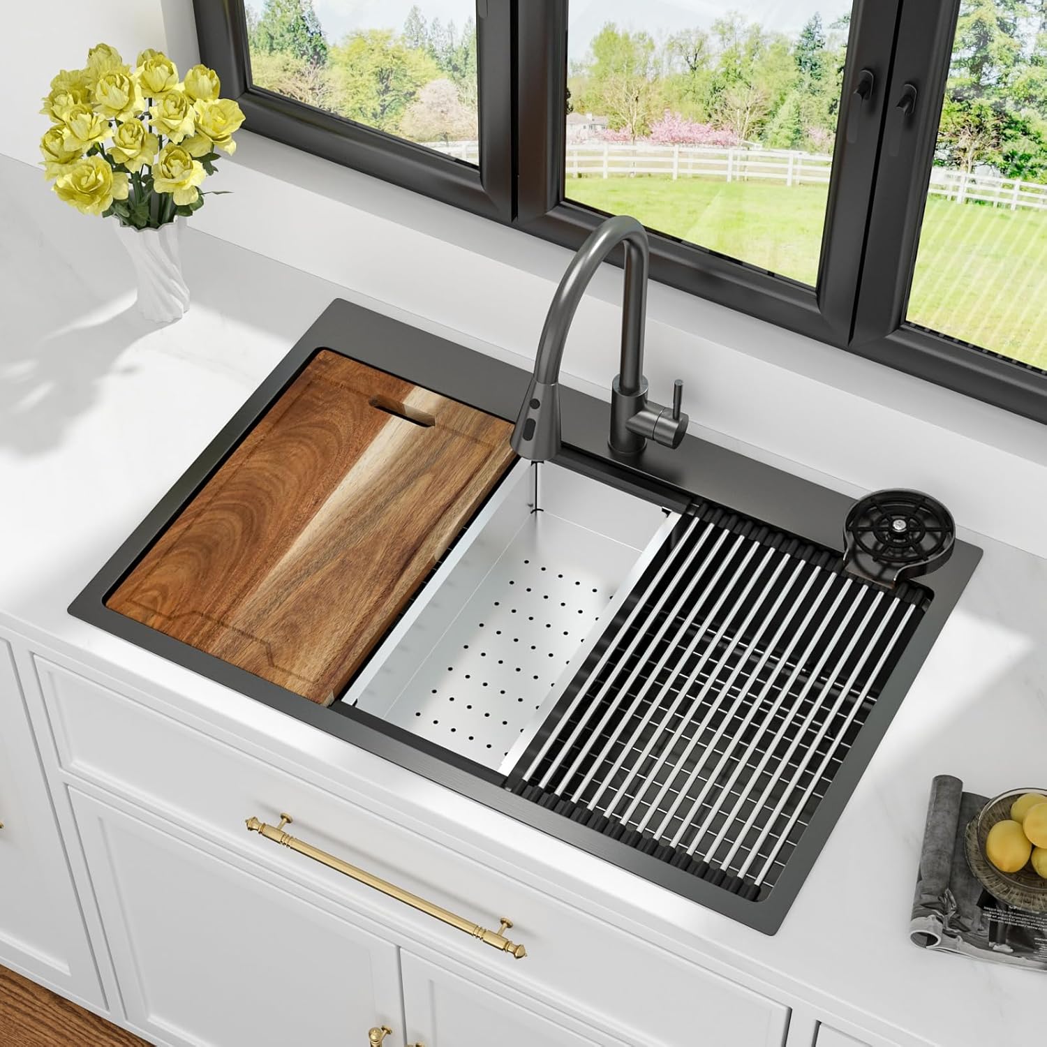33 black drop in kitchen sink - kichae 33 x 22 drop in kitchen sink workstation gunmetal black nano coating 304 stainless steel 16 gauge with glass rinser & cutting board 33"x22"x9" gunmetal black-with glass rinser