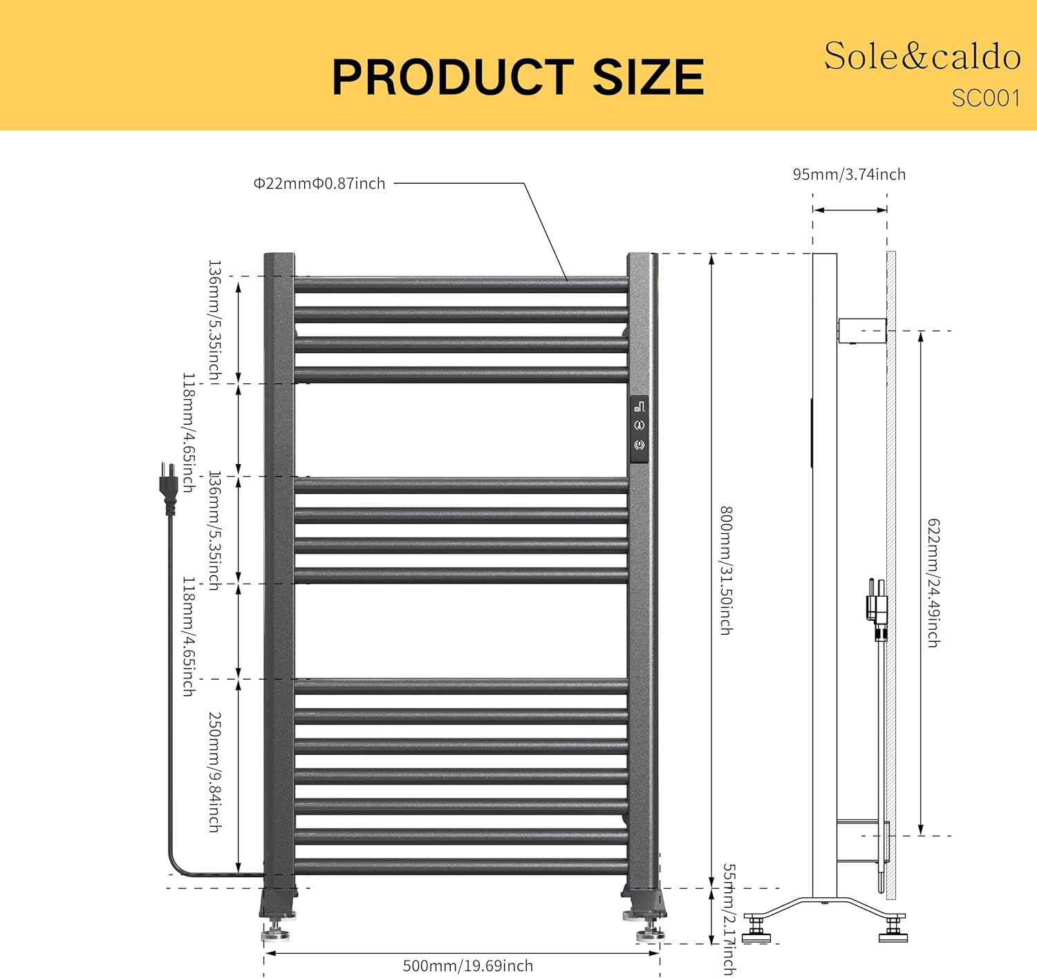 Sole&caldo Grey Carbon Steel Towel Warmer Rack with 15 Heating Strips and LED Temperature Timer Control, Freestanding or Wall Mounted Electric Towel Heater Rack