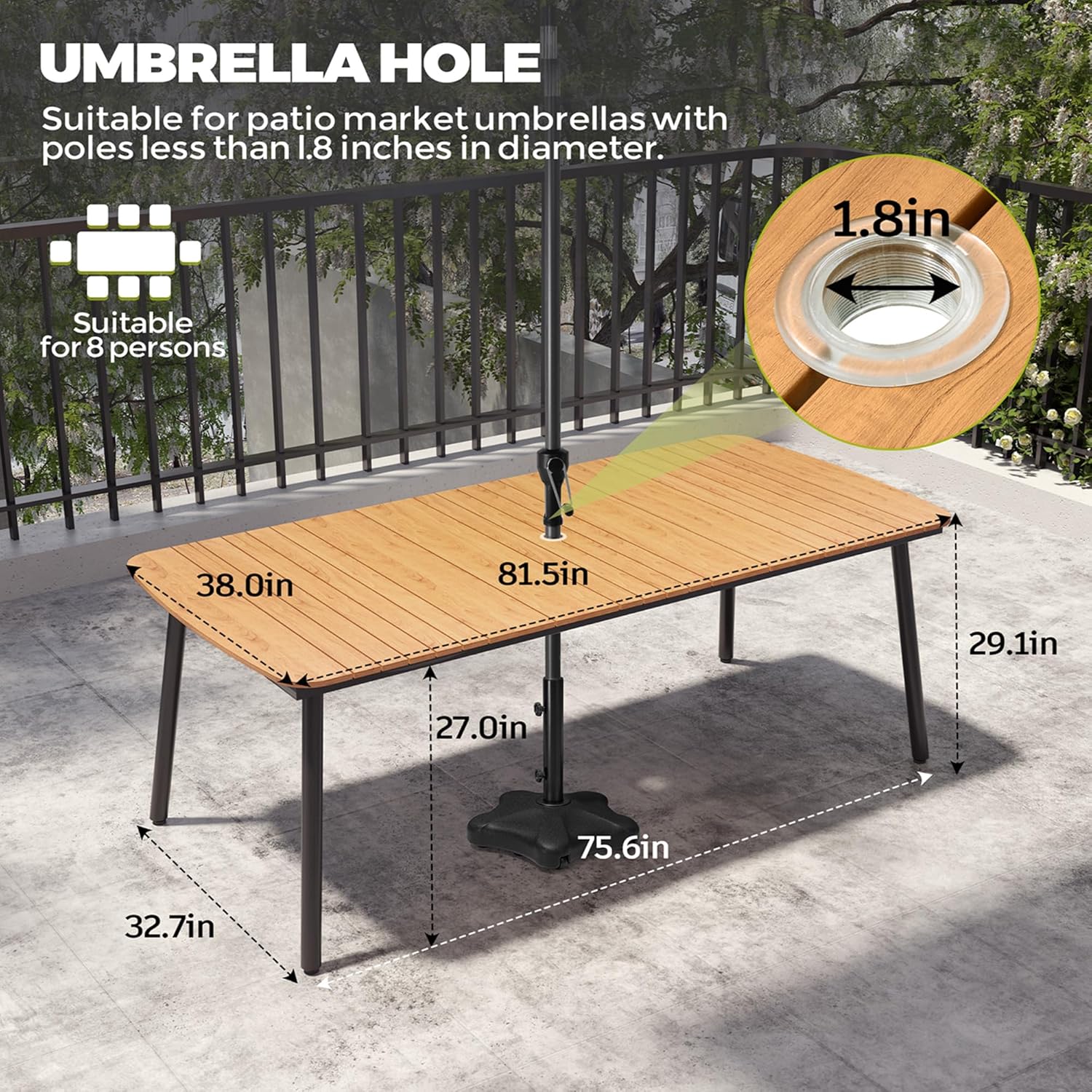 Crestlive Products Outdoor Dining Set for 6, 7-Piece Outdoor Table and Chairs Aluminum All-Weather Woodgrain 83in Patio Dining Sets with Umbrella Hole for Garden Backyard Poolside, Brown