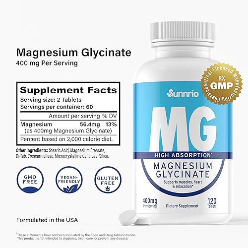 Miniatura 2 de Suplemento de glicinato de magnesio - 400 mg por porción - Alta absorción, apoya la salud muscular, el corazón, el sueño y la relajación* - Sin OMG,