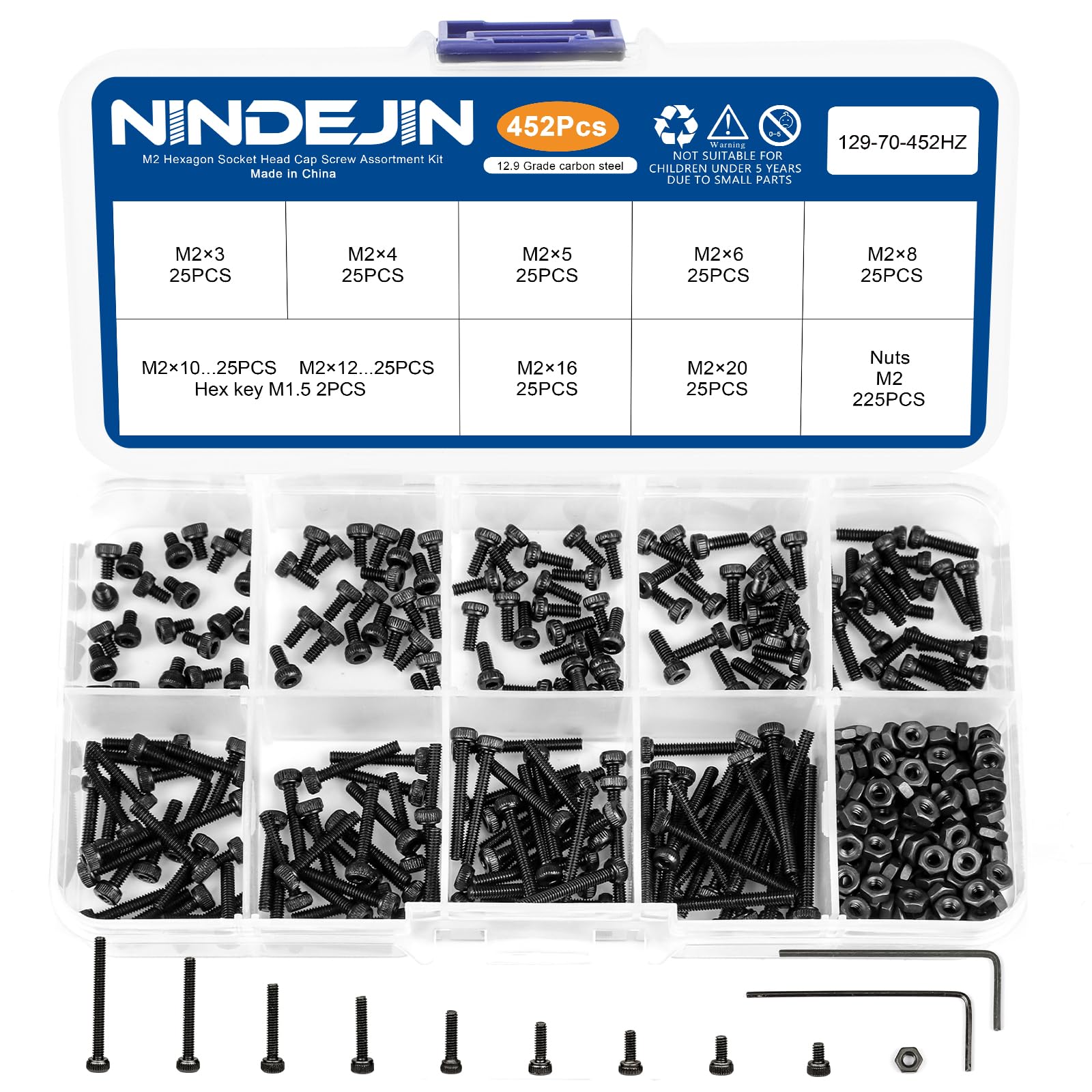 NINDEJIN M2 Screw Assortment, Class 12.9 Metric M2-0.4 Socket Head Cap Screw, 9 Sizes (3-20mm) for Small Projects, 452pcs M2 Tiny Hardware of Screws