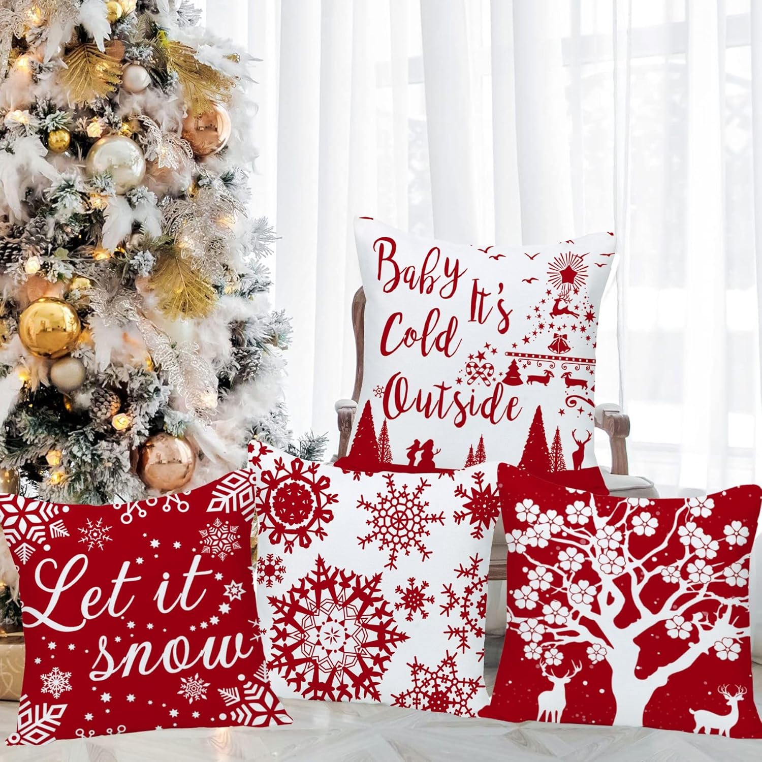 22x22 Christmas Pillow Covers Happy Winter Snowflakes Let It Snow Deer Soft Velvet Baby It's Cold Outside Decorative Throw Cushion Cases for Sofa Farmhouse Couch Square 22 Inch Set of 4