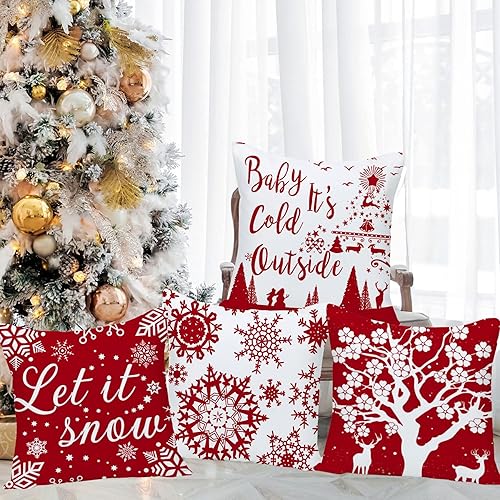 Miniatura 5 de Fundas de almohada navideñas de 22 x 22 pulgadas, diseño de copos de nieve con diseño de copos de nieve Let It Snow Deer de terciopelo suave Baby