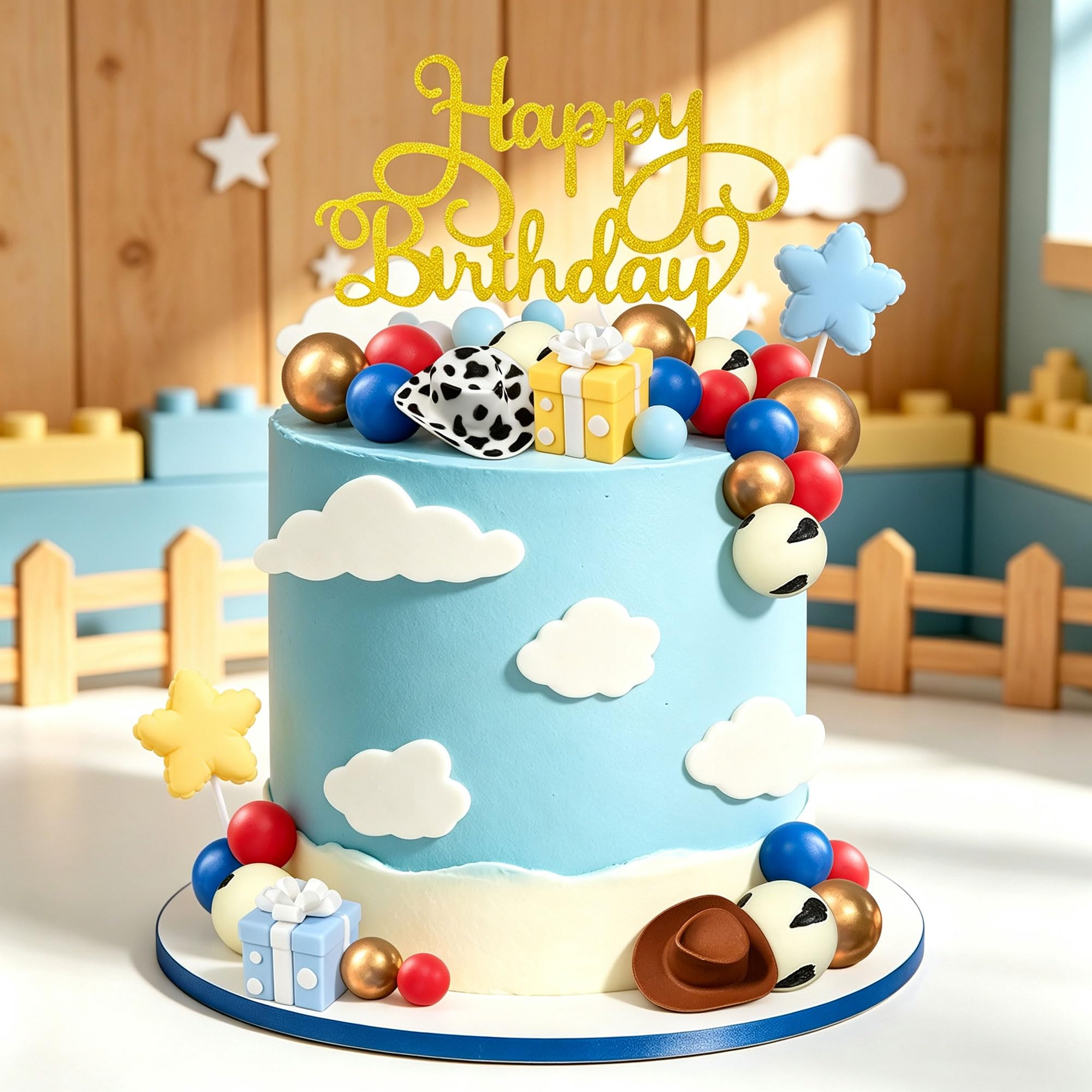 Cowboy Happy Birthday Sign Cake Decorations Yellow Red Blue Balls Cake Decoration Birthday Cake Topper
