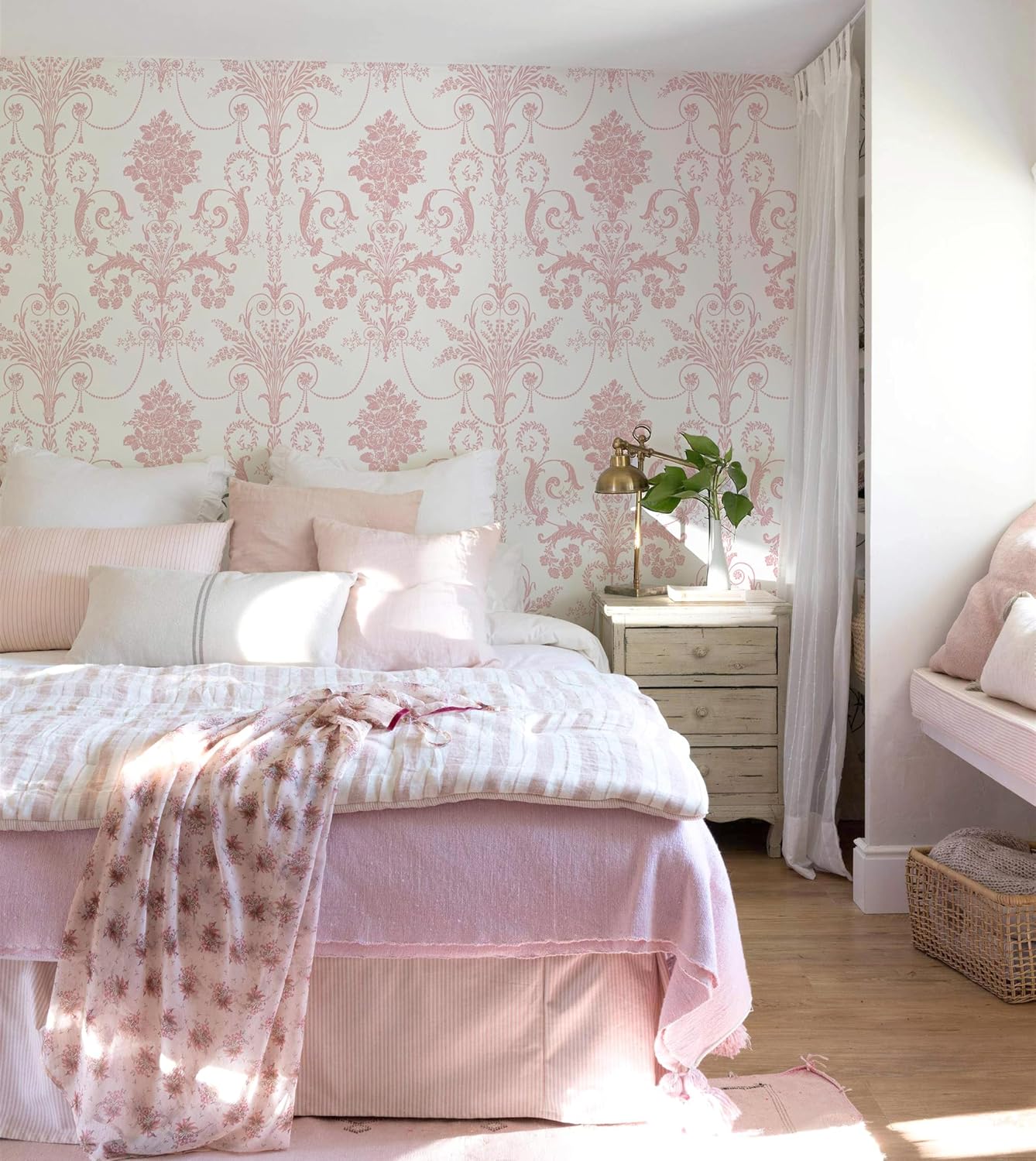EchoSphere 17.3" X 118" Damask Floral Peel and Stick Wallpaper Boho Pink and White Contact Paper Damascus Decorative Wallpaper DIY Removable Self Adhesive Wall Paper for Bedroom Cabinets Covering