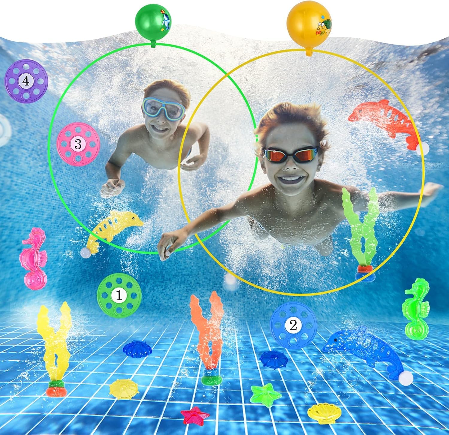 faburo 23pcs Jouets de Plongée, Jeux de Piscine pour Enfant, Jouets de Plongée pour Piscine d'été pour Enfant inclure Anneaux de Plongée, Soucoupe de Plongée, Diamant de Plongée, Dauphin, Algues etc