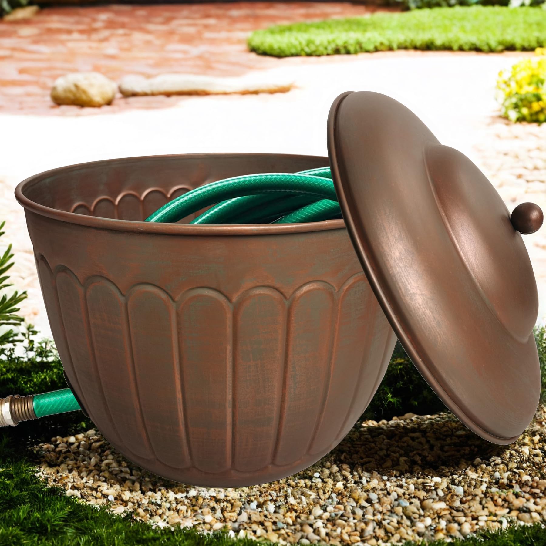 Soporte para manguera de agua de jardín, maceta de metal decorativa, maceta de almacenamiento de manguera de metal, organizador de almacenamiento de jardín, cubo portátil para patio, detalles de cobre