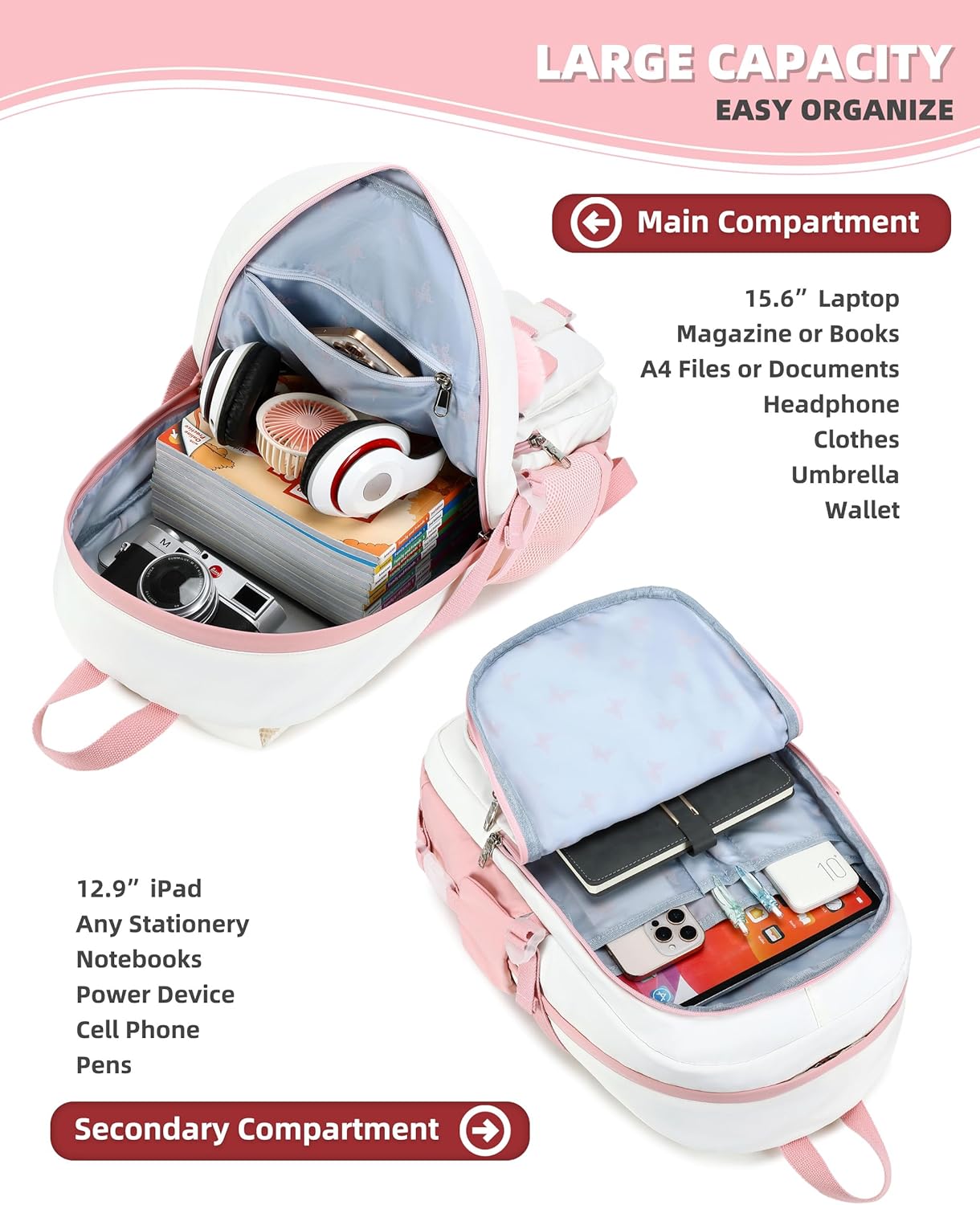 Hidds Laptop Backpacks 15.6 Inch School Bag Elementary Middle High College Backpack Cute Bookbags Anti Theft Travel Back Pack Casual Daypack Kids Book Bag for Teens Girls Women Students-Pink Beige - Image 3