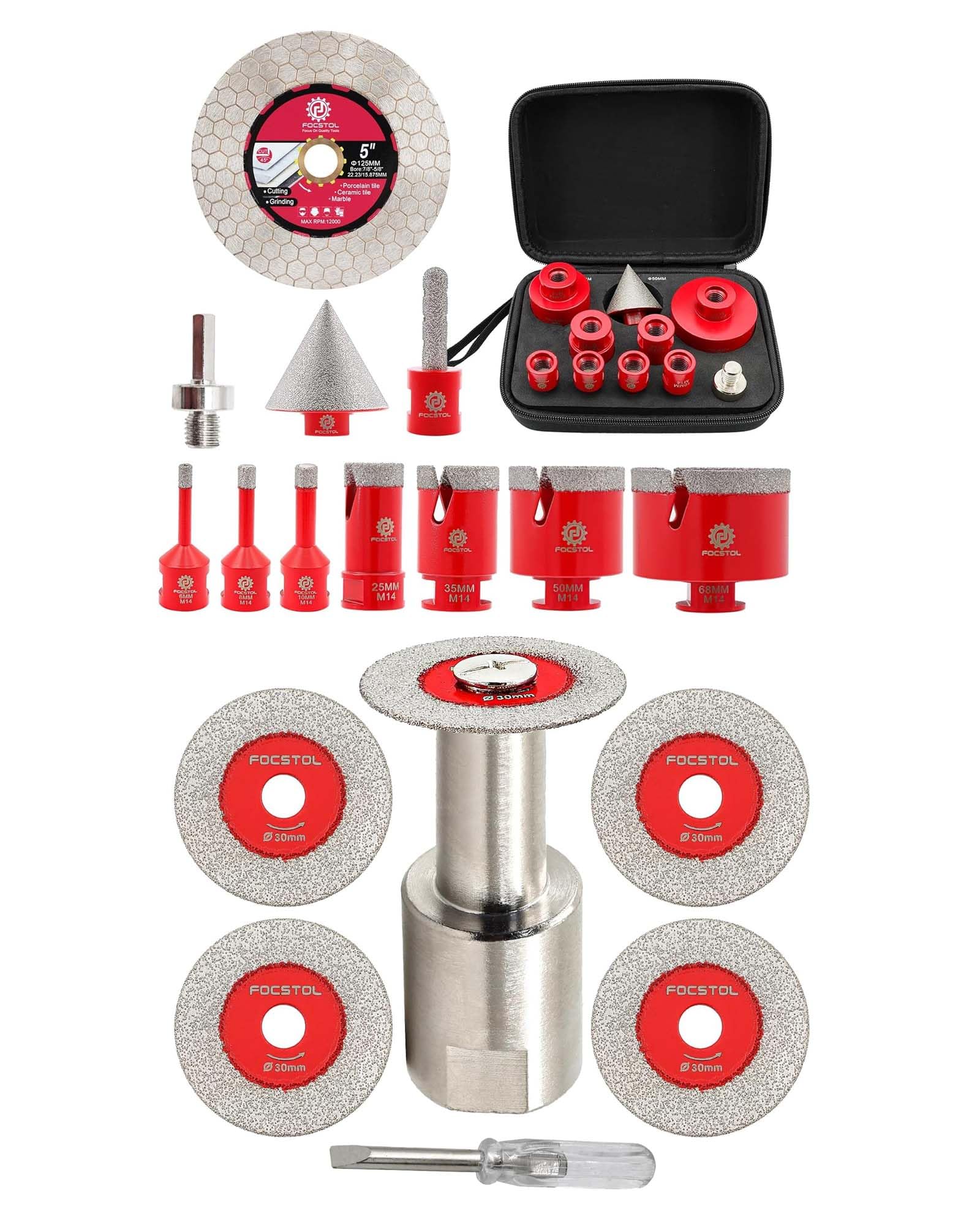 FOCSTOL Disco Corte Vidrio 5 piezas 30mm y 1 pieza M14 Brida y Juego de Brocas Diamante 11 piezas