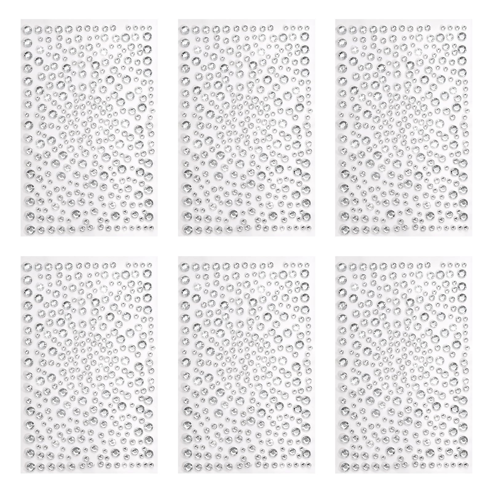 6 Pcs Gem Sticker, 4 Sizes 3/4/5/6MM Self Adhesive Rhinestones Faces Gem Stones Bling, White Crystal Gems Sheets for Crafting DIY Nail Jewel Clothes Makeup Decoration