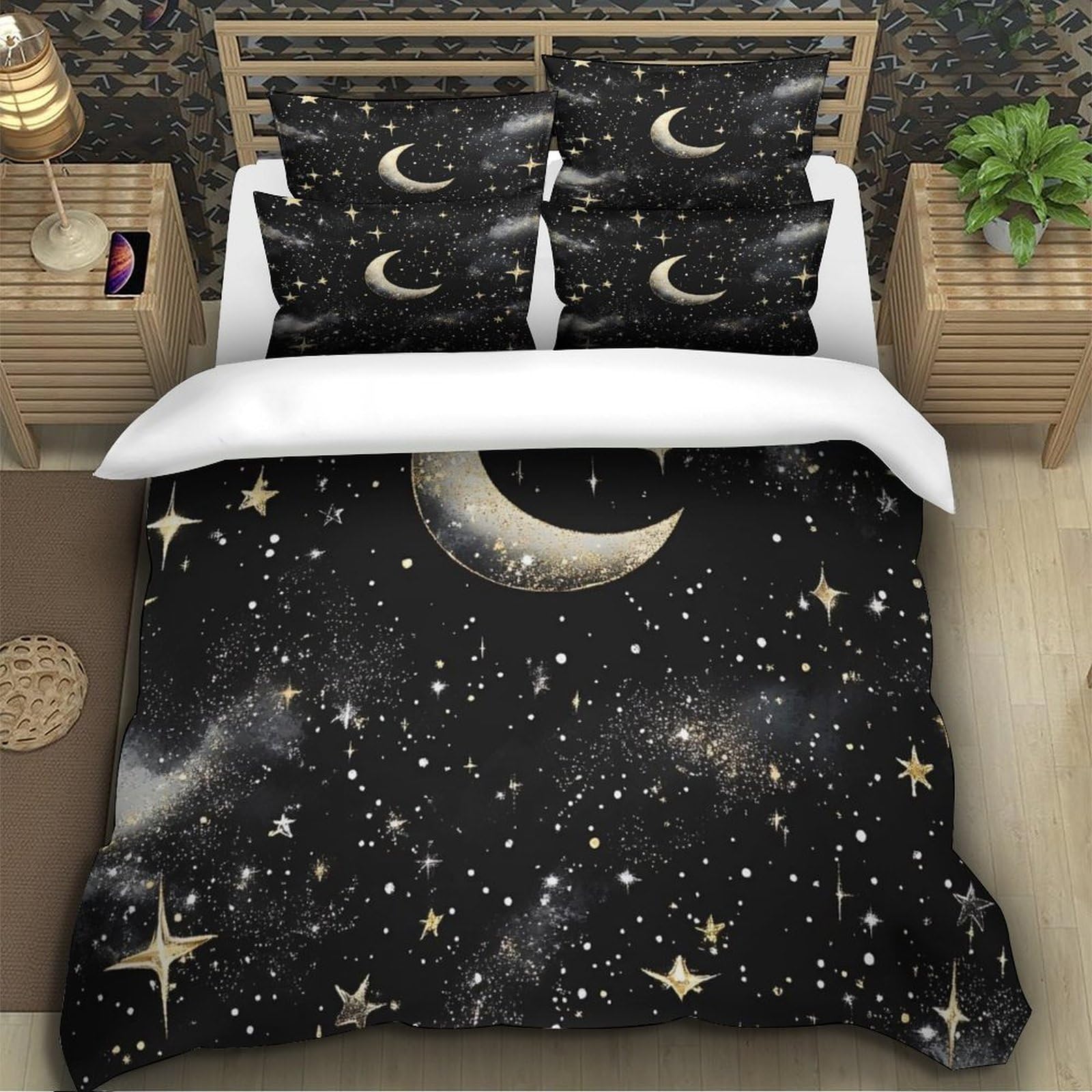 Símbolos celestiales Dorados Funda de Edredón Diseño 3D 3 Piezas Incluye Fundas de Almohada Transpirable Diseño de astrología Vintage Funda Edredon for niños y niñas King（220x240cm）