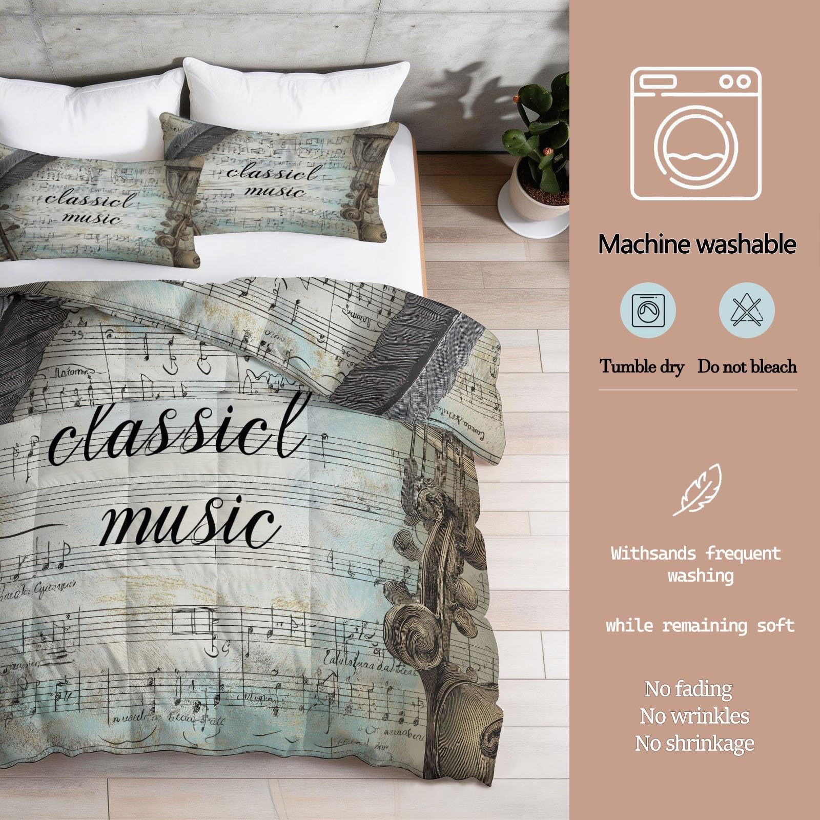 Coverless - Piumone reversibile con note musicali e strumenti musicali, 200 x 200 cm, stampato, matrimoniale, 4,5 tog, per tutte le stagioni, stile retrò, elegante, trapuntato, anallergico, grigio blu