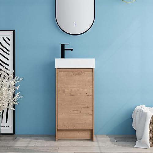 Miniatura 1 de HAALVDE Tocador de baño independiente de 16 pulgadas con fregadero, tocador de baño de pie de 16 pulgadas, tocador moderno con lavabo de cerámica