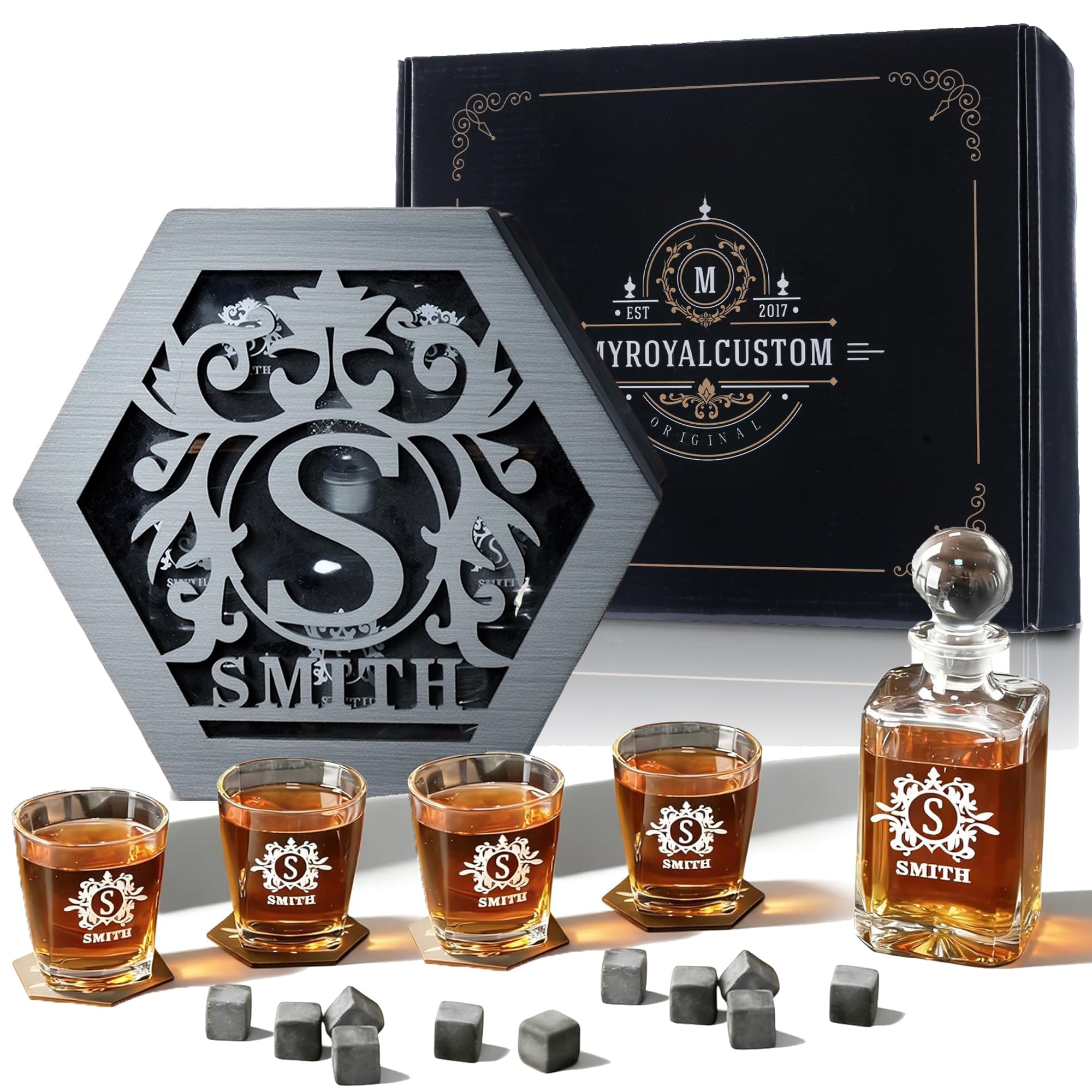 Personalized Whiskey Decanter Set for Men Home Bar Custom Liquor Decanters Wooden Box Whiskey Glasses Gift for Husband Dad Grandpa Birthday Wedding Anniversary Valentine's Day Christmas