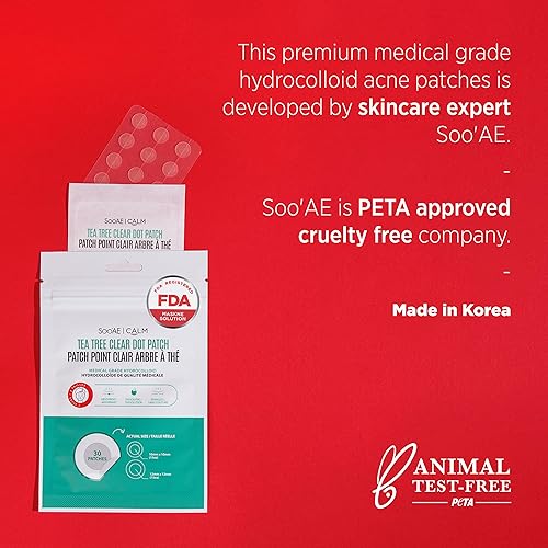 Miniatura 8 de SOO'AE - Parche para acné con puntos transparentes para árbol de té, paquete de 3 (90 parches) parche para espinillas de acné, registrado por la