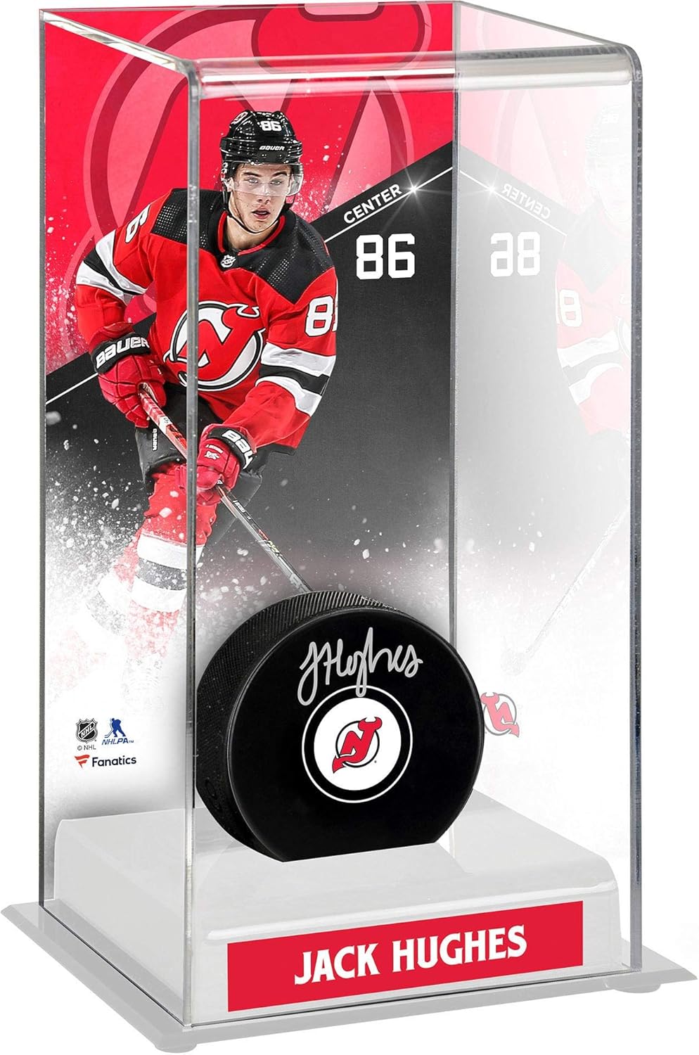 Jack Hughes New Jersey Devils Autographed Puck with Deluxe Tall Hockey Puck Case - Hockey Puck Free Standing Display Cases