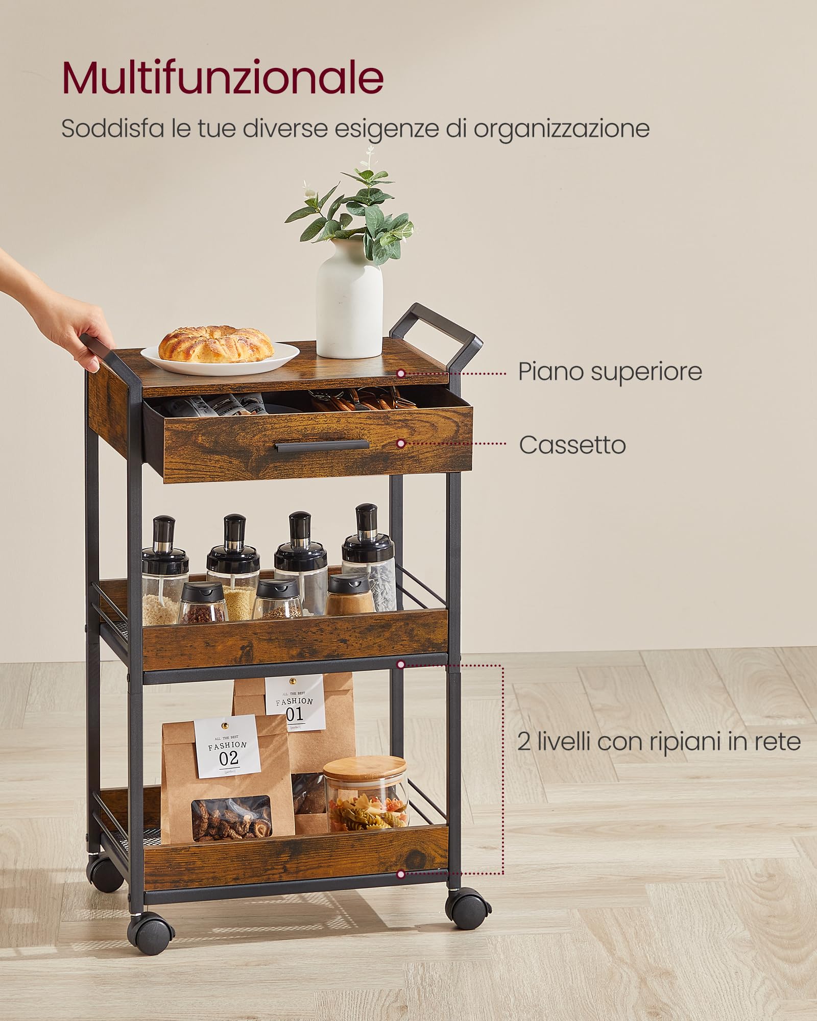 VASAGLE Carrello Portaoggetti a 3 Livelli con Ruote, Cassetto | Carrello di Servizio, Acciaio, Truciolato, con Freno, per Cucina, Bagno, Marrone Vintage e Nero, Collezione DACEY LRC048K01