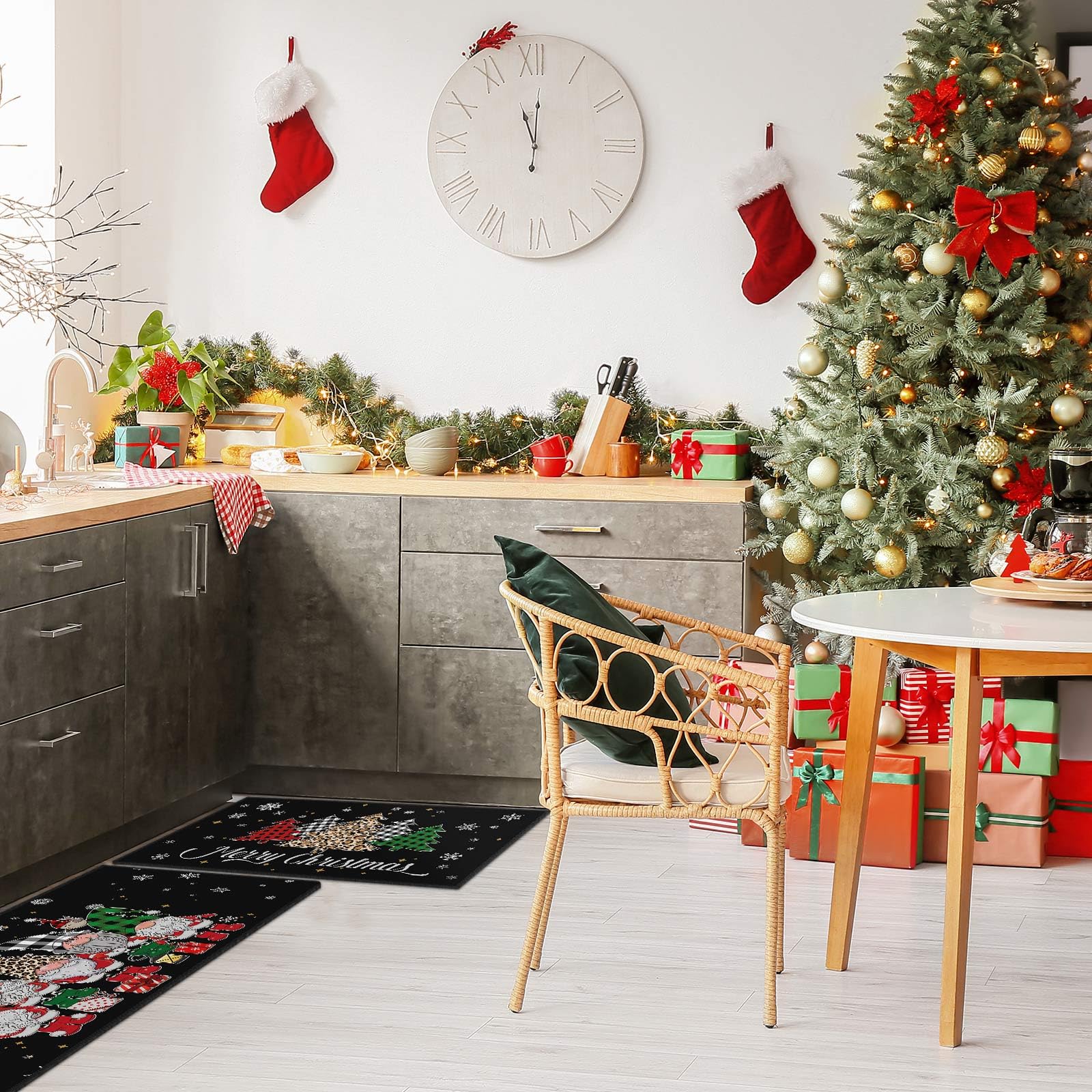 Tinideya Juego de 3 alfombras de cocina de Navidad a cuadros con gnomos de árbol de Navidad, color negro, antideslizantes, gruesas, resistentes a las manchas, decoración rústica de Navidad, alfombra