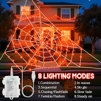 Halloween Decorations Spider Web Lights, 5x5M 120LED Orange Giant Spider Web Lights USB/Battery with Timer 8 Modes Waterproof for Patio Garden Haunted House Outdoor Indoor Halloween Decorations
