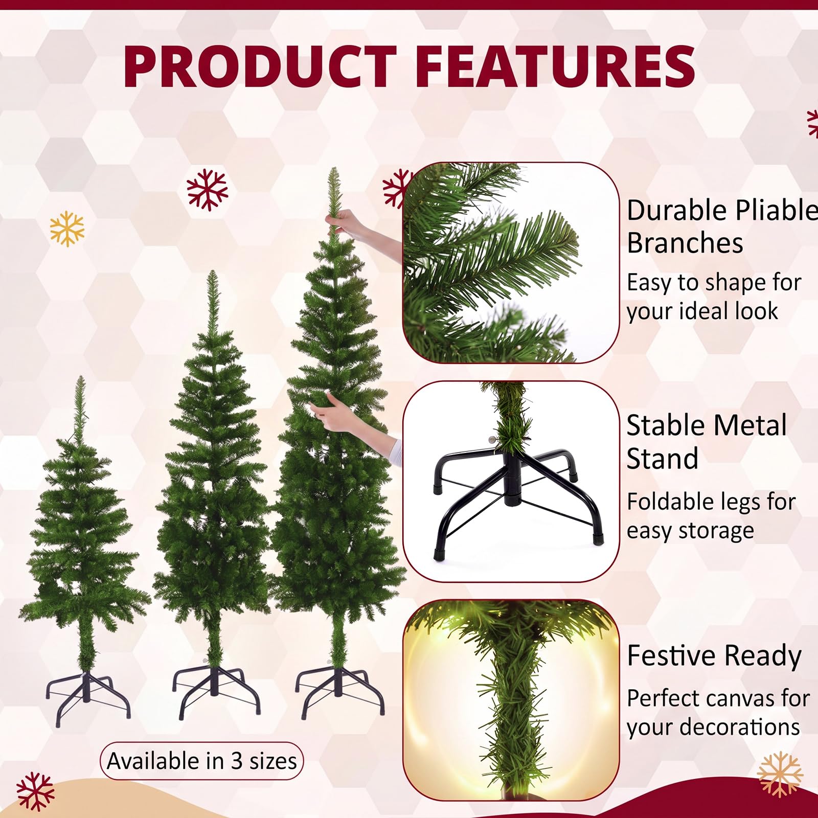 Cinnvoice Lot de 3 sapins de Noël artificiels fins en cèdre floqué pré-éclairé avec lumières LED pour intérieur et extérieur, cheminée, porche, décoration de vacances