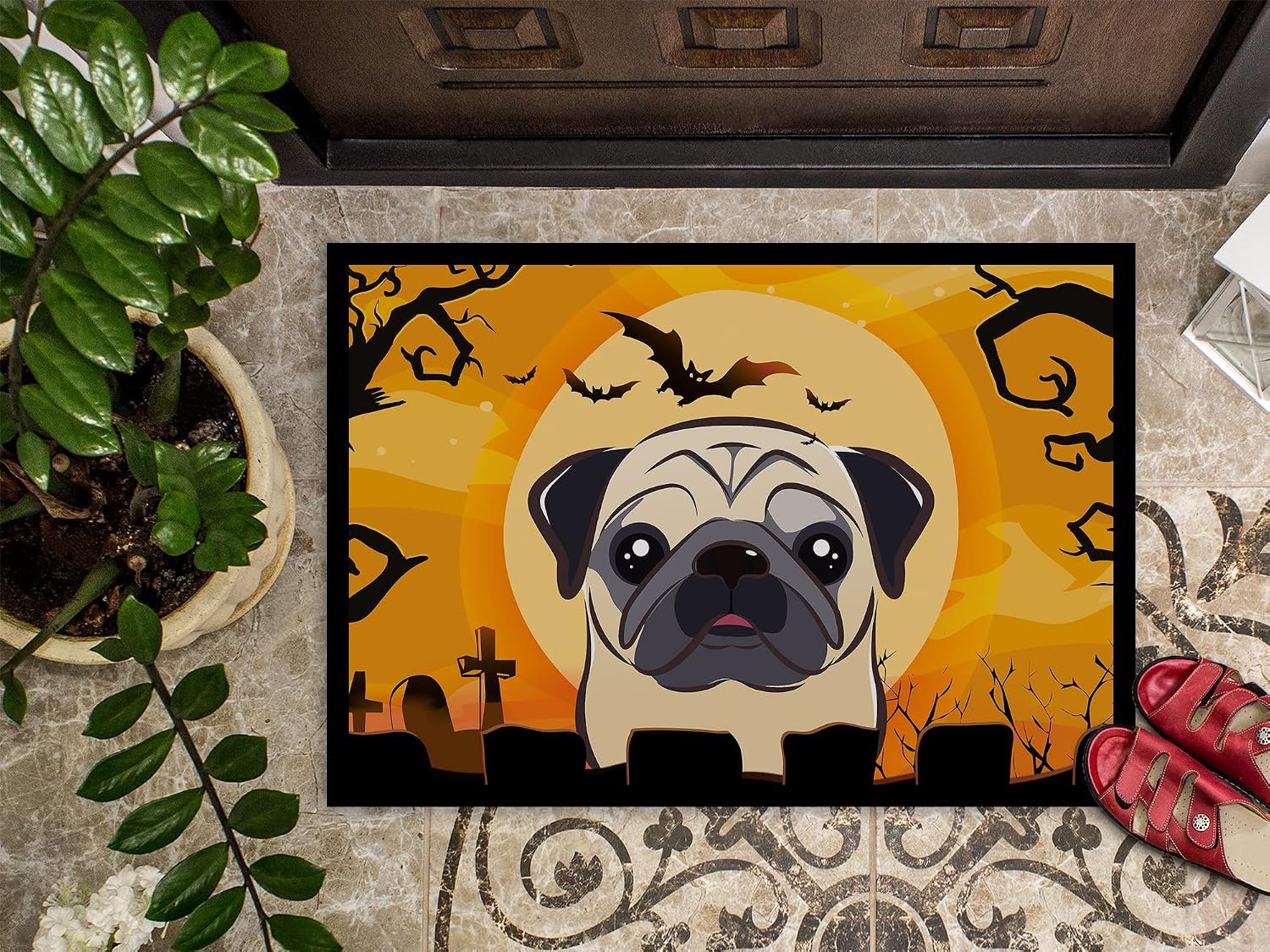 Caroline's Treasures BB1820JMAT Halloween Fawn Pug Doormat 24x36 Front Door Mat Indoor Outdoor Rugs for Entryway, Non Slip Washable Low Pile, 24H X 36W