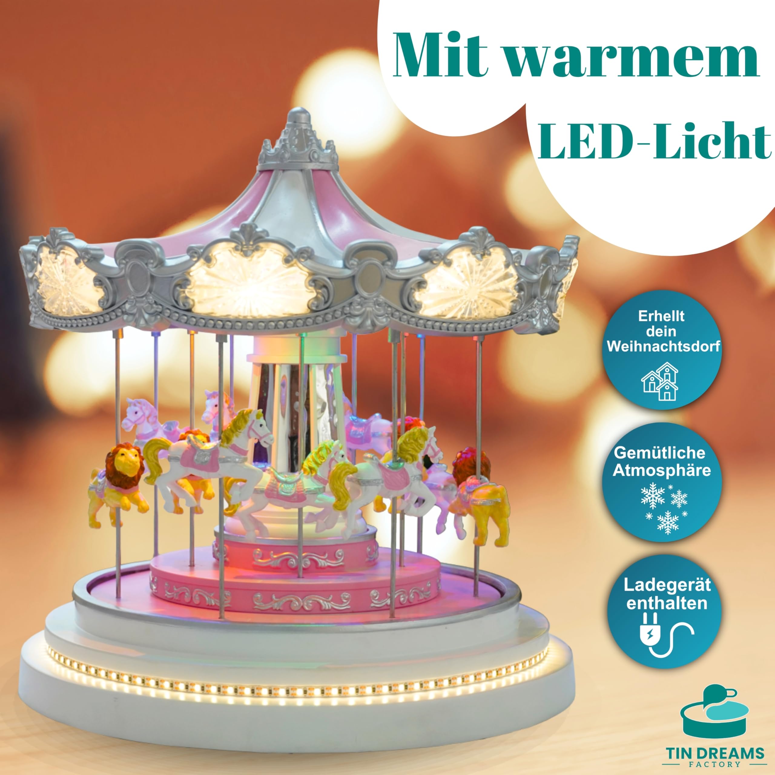 TIN Dreams | Großes Weihnachtskarussell mit Bewegung, Musik und LED-Lichtern | Musikalisches Karussell | Weihnachtsdorf, Miniaturdorf, Beleuchtete animierte Szene | Weihnachtsdeko Inner