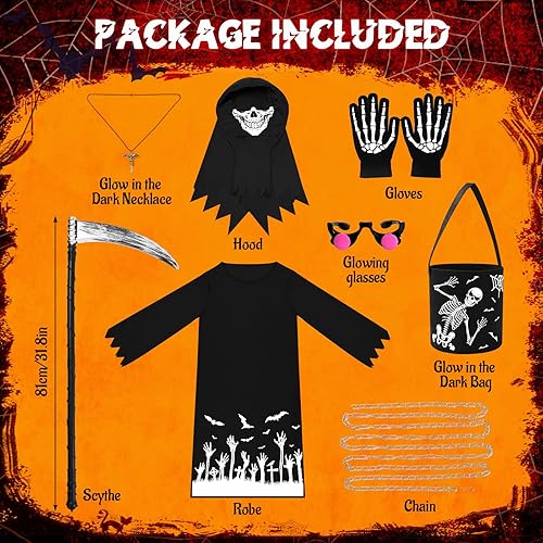 Miniatura 5 de Invoibler Disfraz de parca de Halloween para niños, bata que brilla en la oscuridad, disfraces aterradores con guadaña que brillan en los ojos rojos