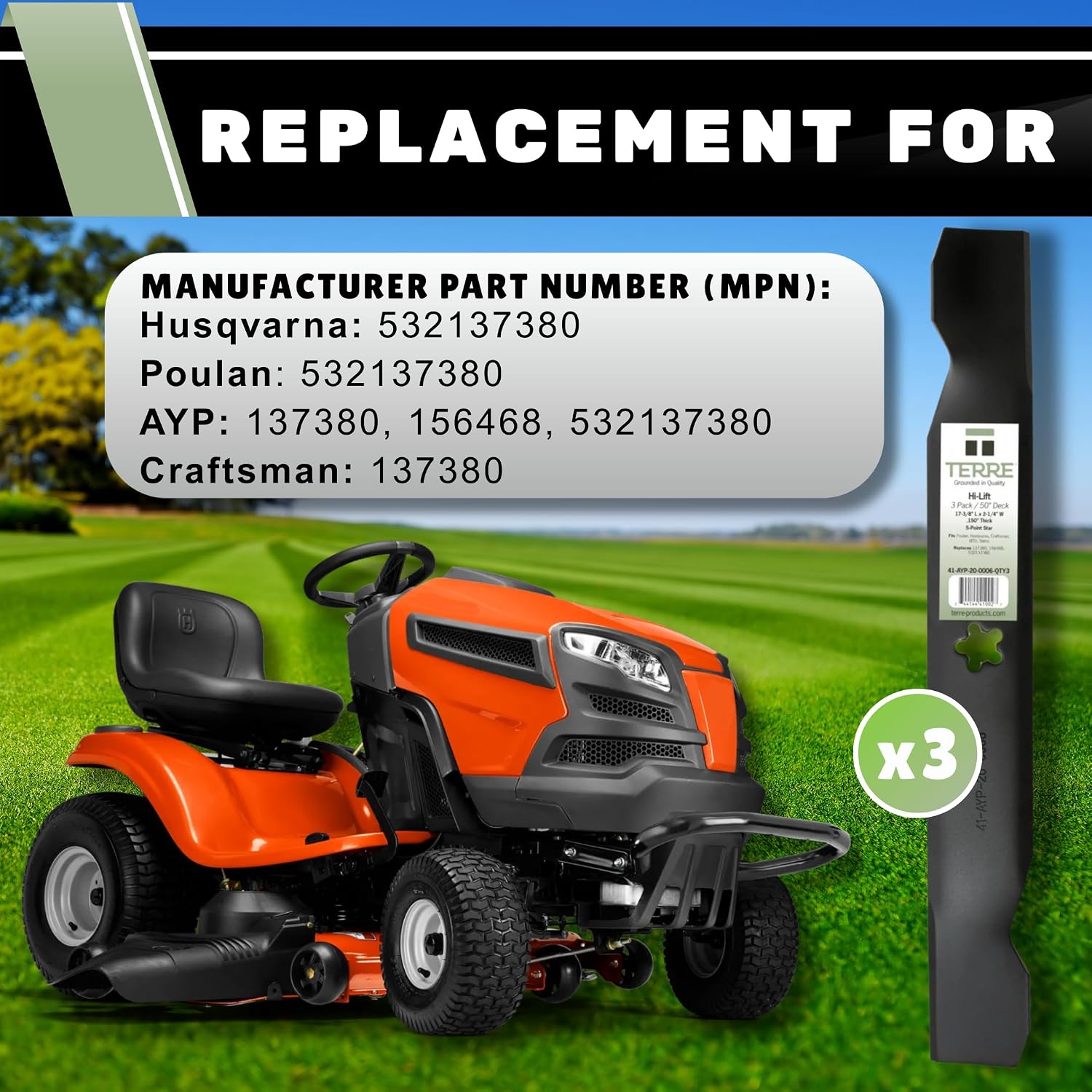 Terre Products, 3 Pack High Lift Lawn Mower Blades, 50 Inch Deck, Compatible with Poulan PP20H50J, PP22H50K, Husqvarna GT 200, GTH 220, GTH 2250, Craftsman, Replacement for 137380, 156468, 532137380