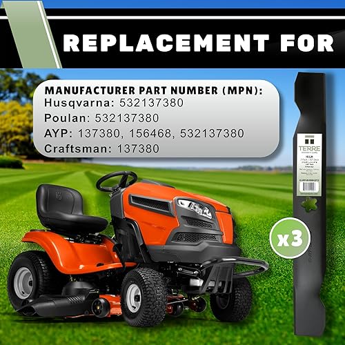 Miniatura 3 de Terre Products, paquete de 3 cuchillas para cortacésped de alta elevación, cubierta de 50 pulgadas, compatible con Poulan PP20H50J, PP22H50K,