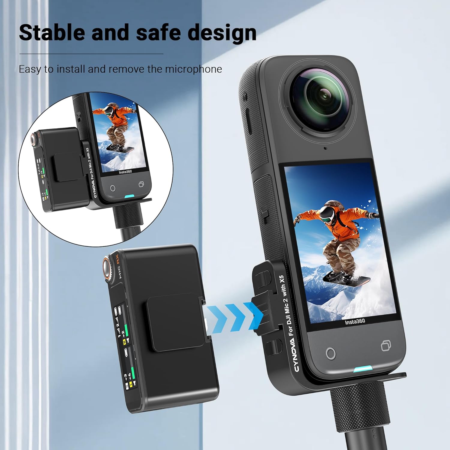 CYNOVA Insta 360 X5 Cold Shoe Mount, Invisible Mic Bracket for Insta360 X5 Accessories, Designed Specifically for DJI Mic 2(with 3.5mm Audio Cable and Fixed Velcro) - Image 3