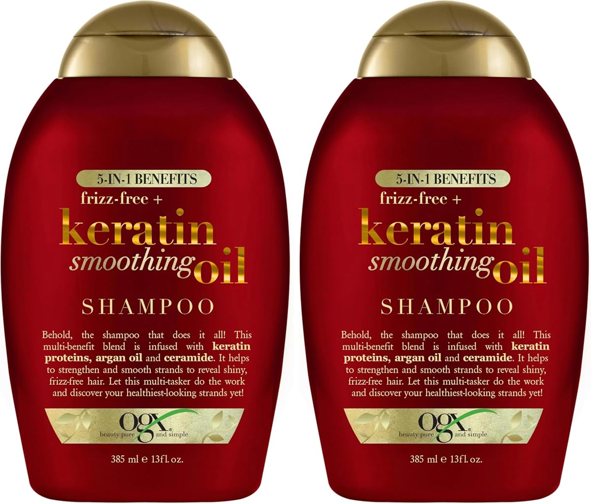 OGX Frizz-Free + Keratin Smoothing Oil Shampoo, 5 in 1, for Frizzy Hair, Shiny Hair, 13 Fl Oz (Pack of 2)