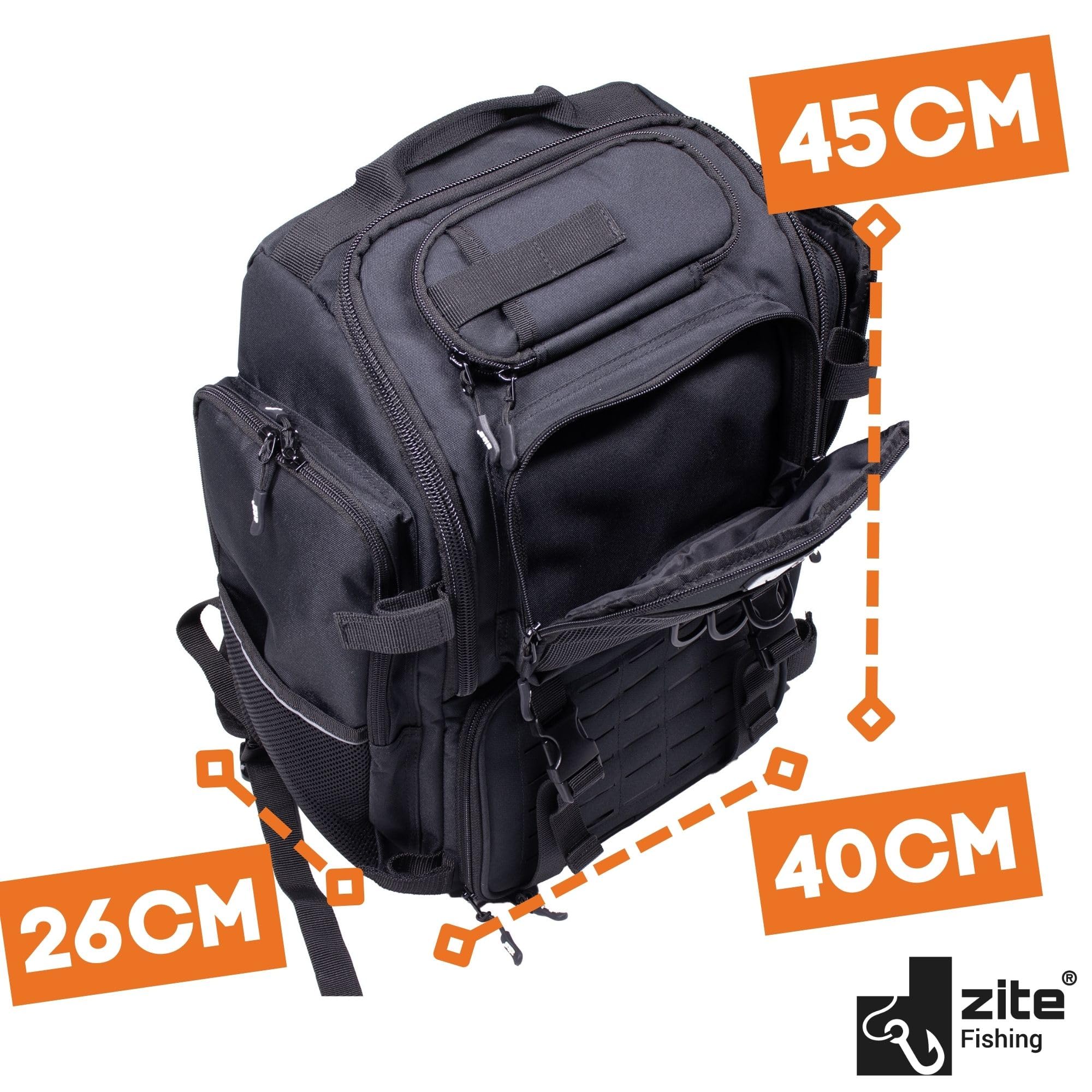 Zite Fishing Angelrucksack mit Boxen & Rutenhalter – Große Angeltasche mit Boxen (4 Stück) - Angel Rucksack-mit-Boxen - extra Dickes Rückenpolster, Angelrucksack-mit Rutenhalter, Fishing Backpack