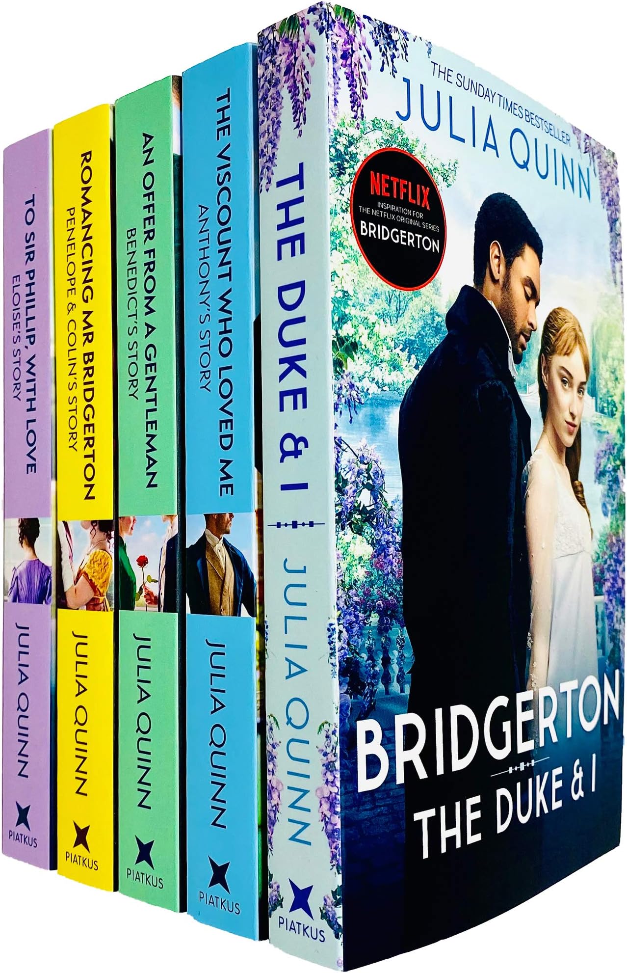 Bridgerton Family Book Series 5 Books Collection Set by Julia Quinn (The Duke and I, Viscount Who Loved Me, Offer From a Gentleman, Romancing Mr Bridgerton & Sir Phillip, With Love) NETFLIX