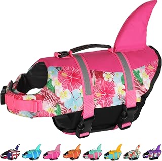 Dogcheer Dog Life Jacket Shark, Hawaiian Style Dog Life Vest for Swimming Boating with Superior Buoyancy and Rescue Handle, Reflective Pet Swim Vest for Small Medium Large Dogs - Flower Pink, XL
