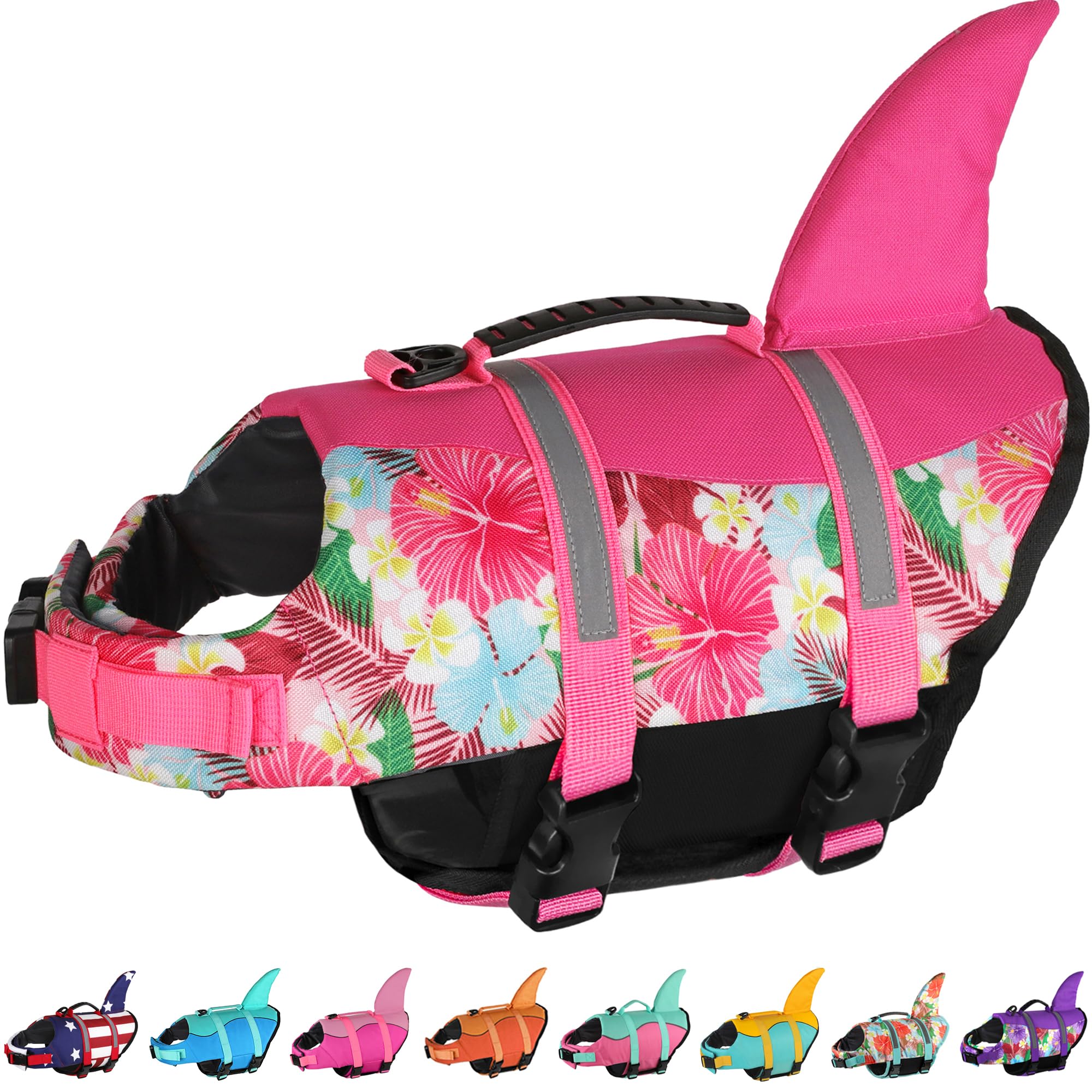 Dogcheer Dog Life Jacket Shark, Hawaiian Style Dog Life Vest for Swimming Boating with Superior Buoyancy and Rescue Handle, Reflective Pet Swim Vest for Small Medium Large Dogs(Flower Pink, L)