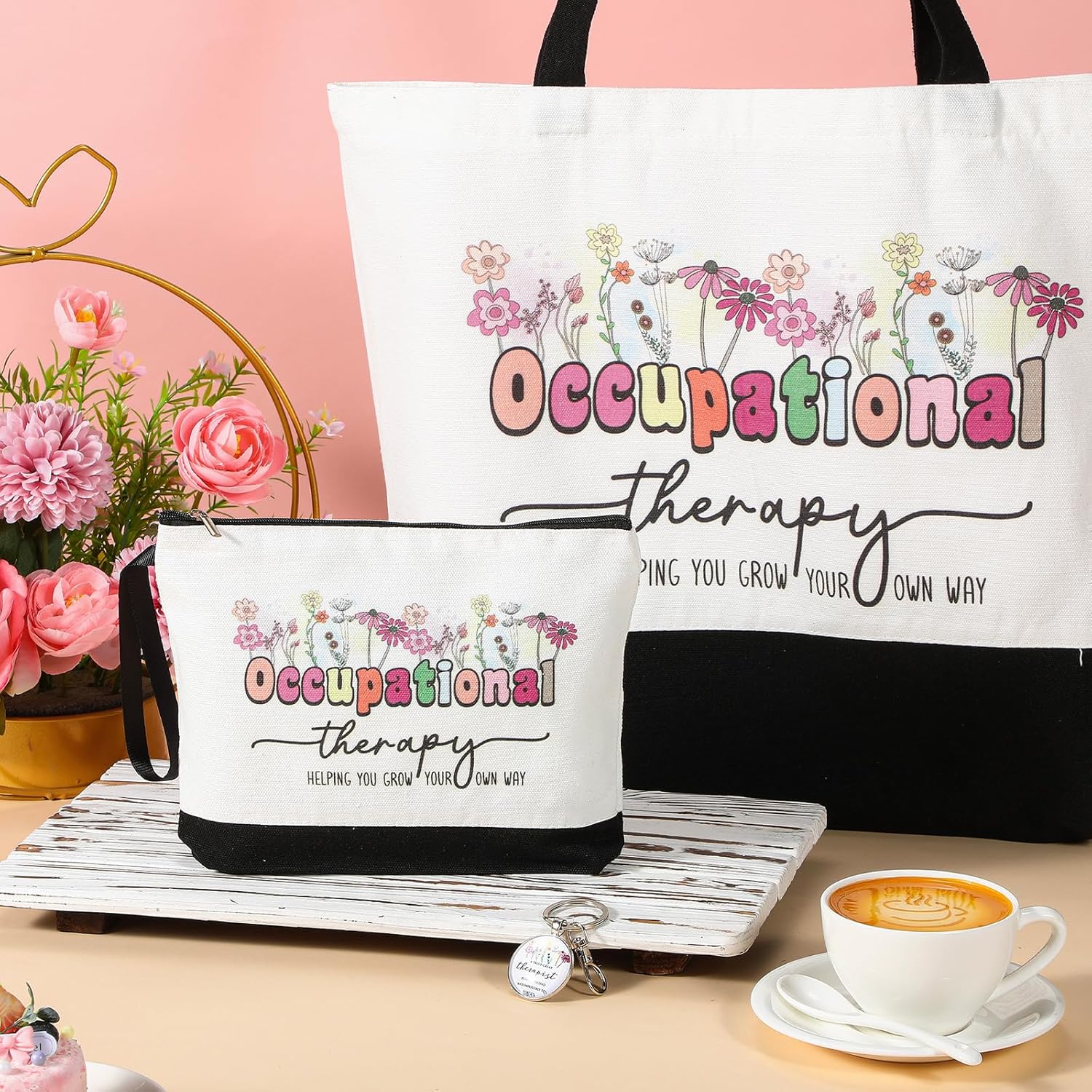 Kacctyen 3 Pcs Gifts Canvas Tote Bag Makeup Cosmetic Bag Appreciation Keychains Gifts for Women Birthday - Image 5