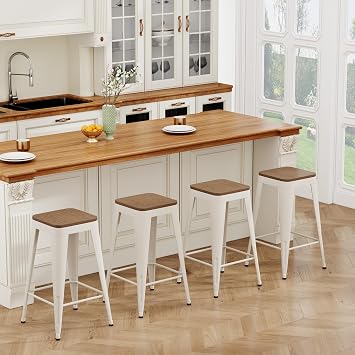 26" Metal Bar Stools Set of 4 White Counter Height Stools with Wood Seat Stackable Backless Industrial Style Stools for Kitchen Island Dining Room Home Bar
