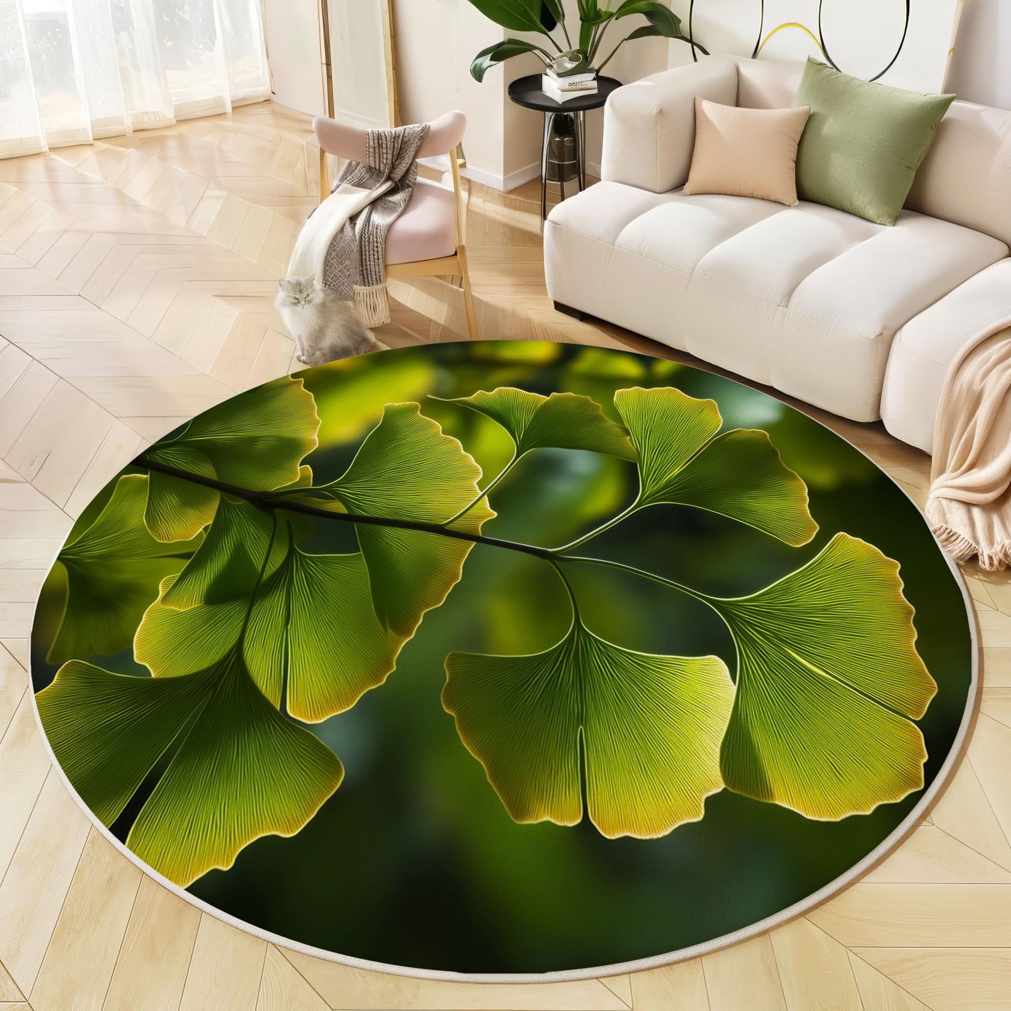 Tapis ginkgo vert émeraude pour entrée et chambre à coucher ambiance nature