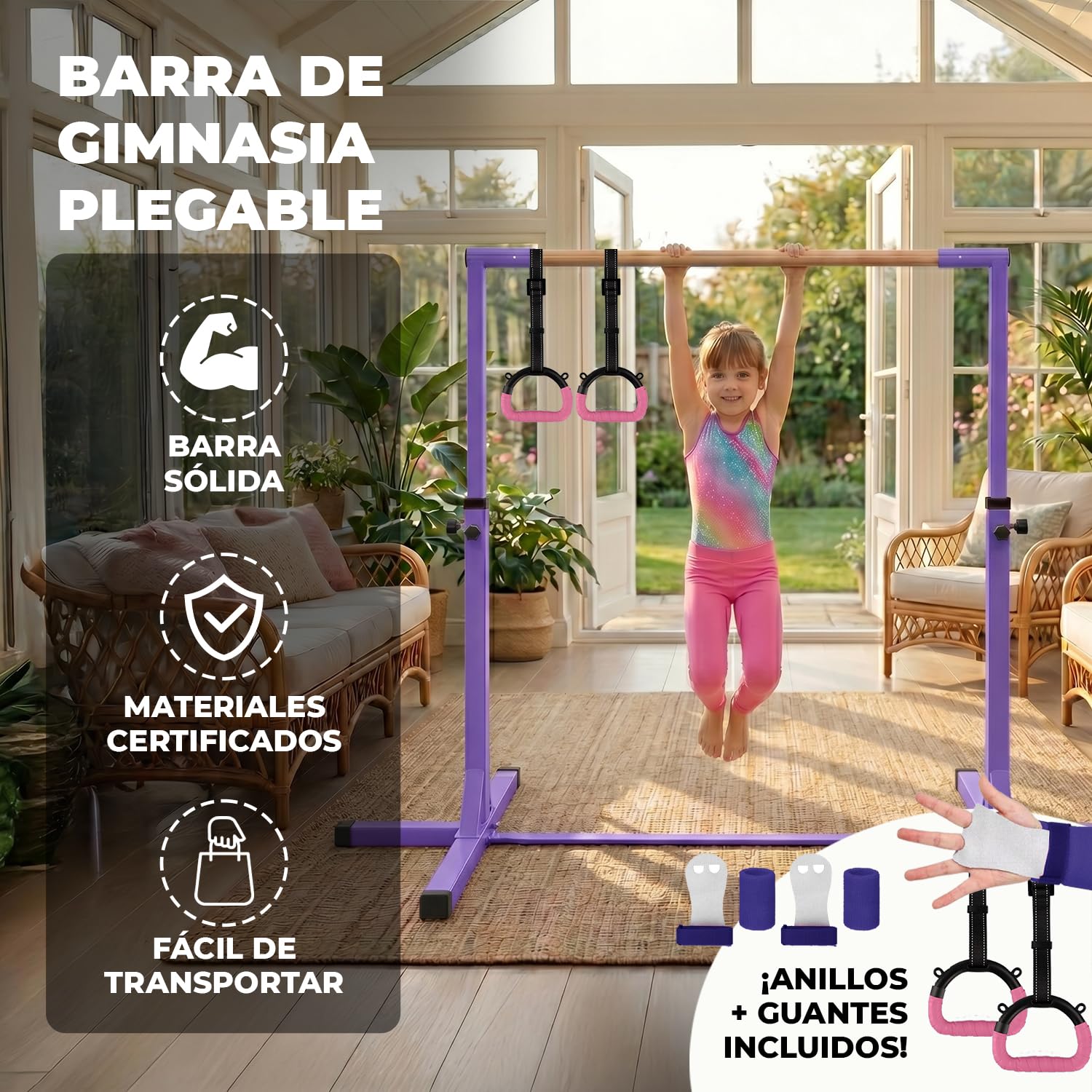 Gym Bar Barra Gimnasia Infantil Violeta Anillas Rosas 13 Niveles Ajustables 90-150 cm Acero Madera Haya Correas Antideslizantes Fitness