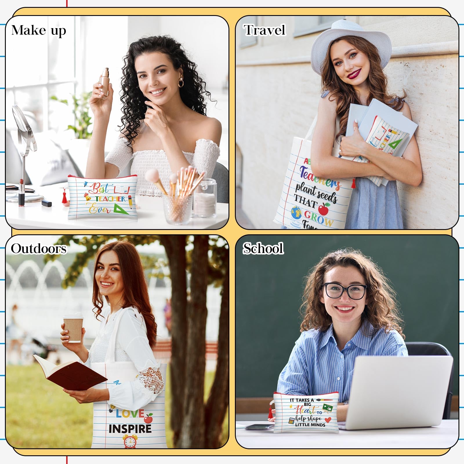 Paterr 12 Pcs Teacher Appreciation Gift Basket Filler Canvas Teacher Tote Bag Makeup Bag for Graduation School Classroom Gift