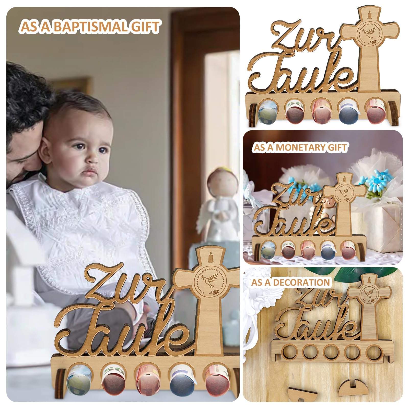 Regalo In Denaro Per Battesimo E Comunione – Base In Legno Con 5 Fori, Personalizzabile, JIASHA - 3