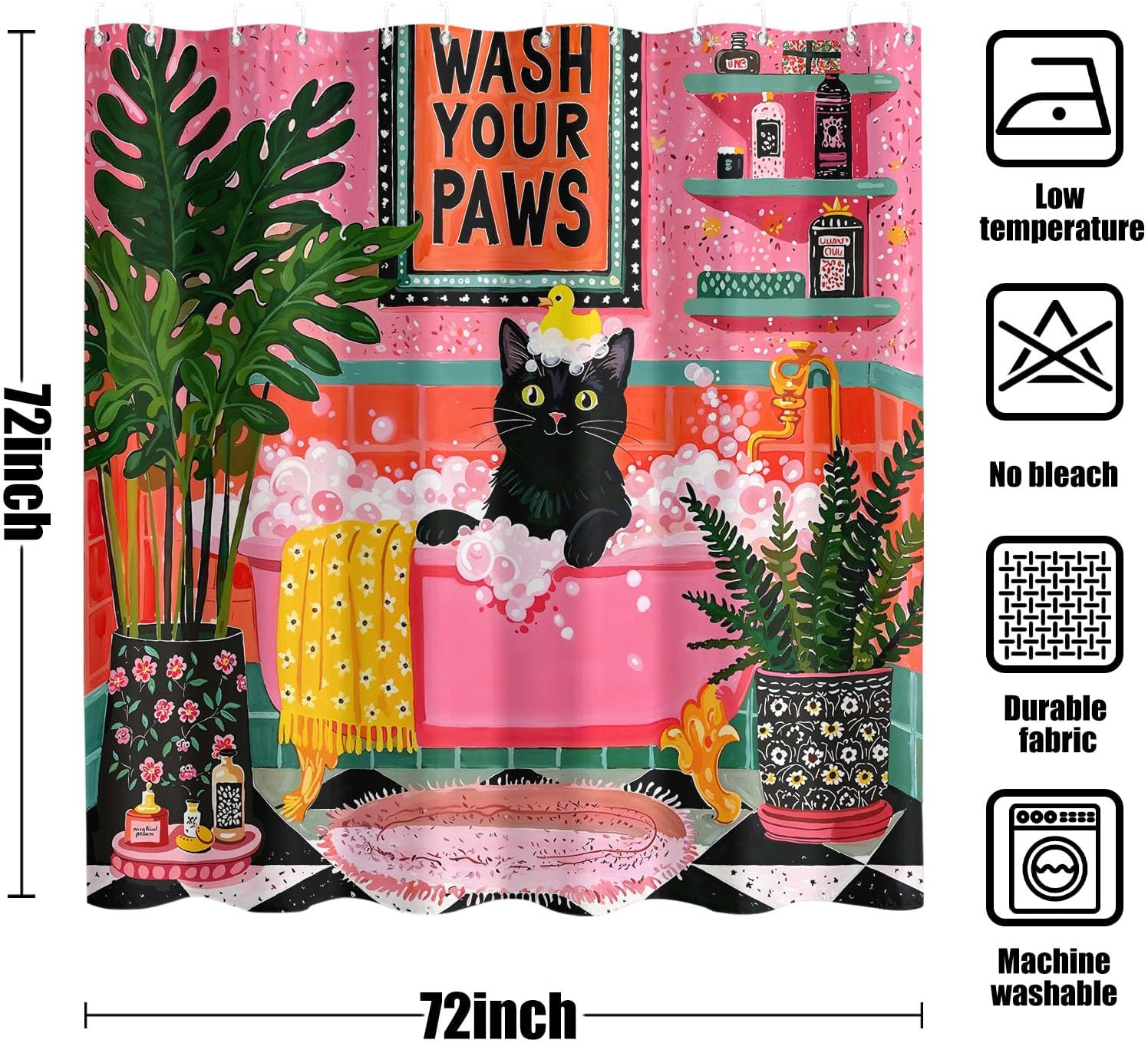Yeoiat Cat Bathing Shower Curtain Retro Pink Wash Your Paws Art Decor 72"x72"