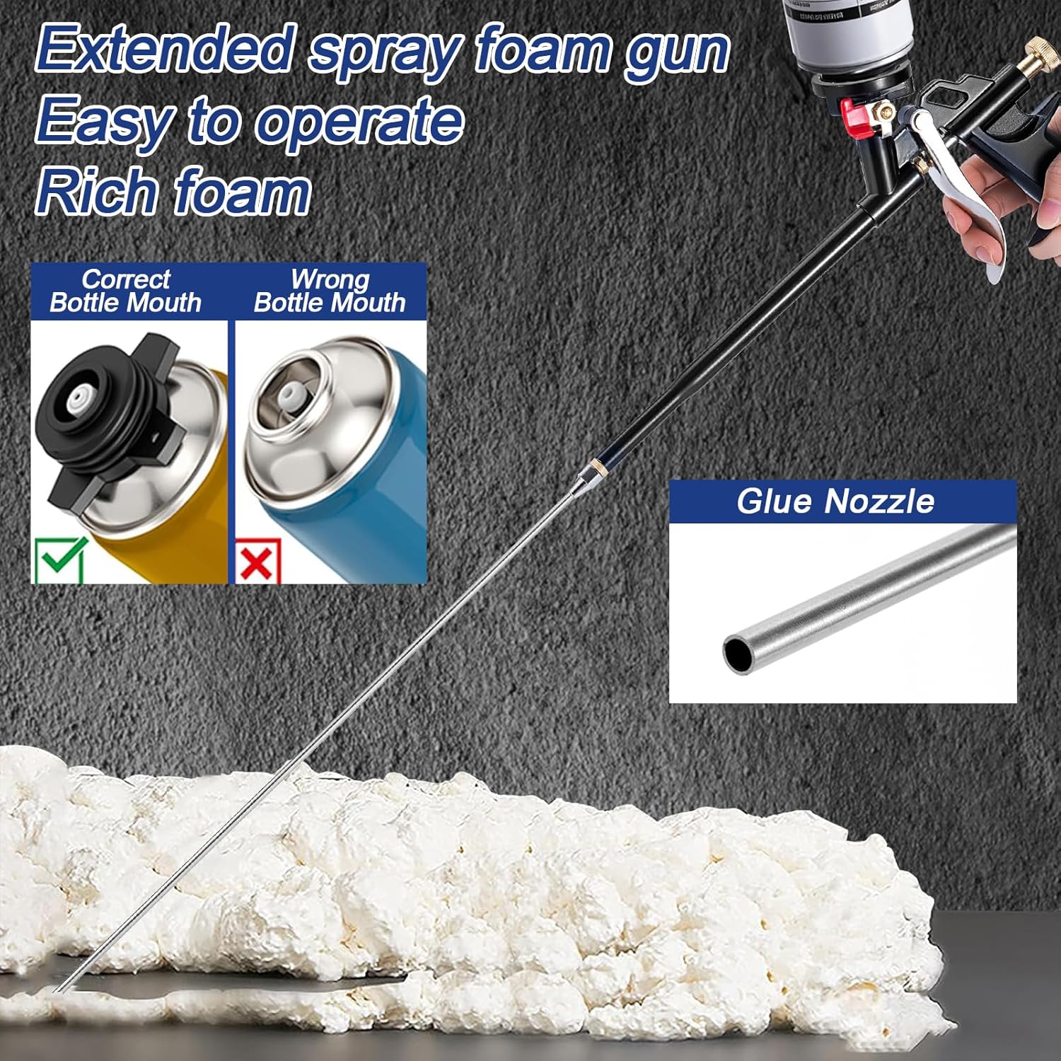 Foam gun with 36cm long stainless steel extension tube, washable and reusable (two pack)