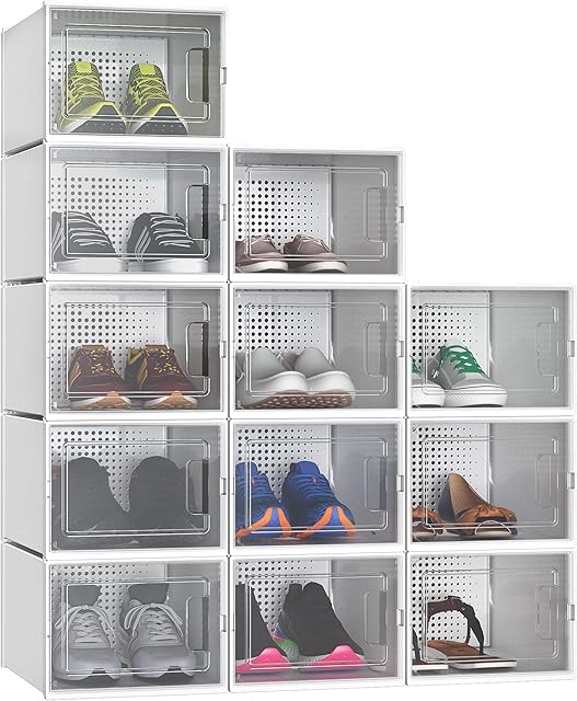 YITAHOME Shoe Box,12Pcs Stackable Shoe Containers,35.1 x 24.9 x 18.5cm,Fit up to UK Size 11,Medium Size Shoe Storage,Non-toxic Plastic Drop Front Shoe Organisers ,White Shoe Storage Box