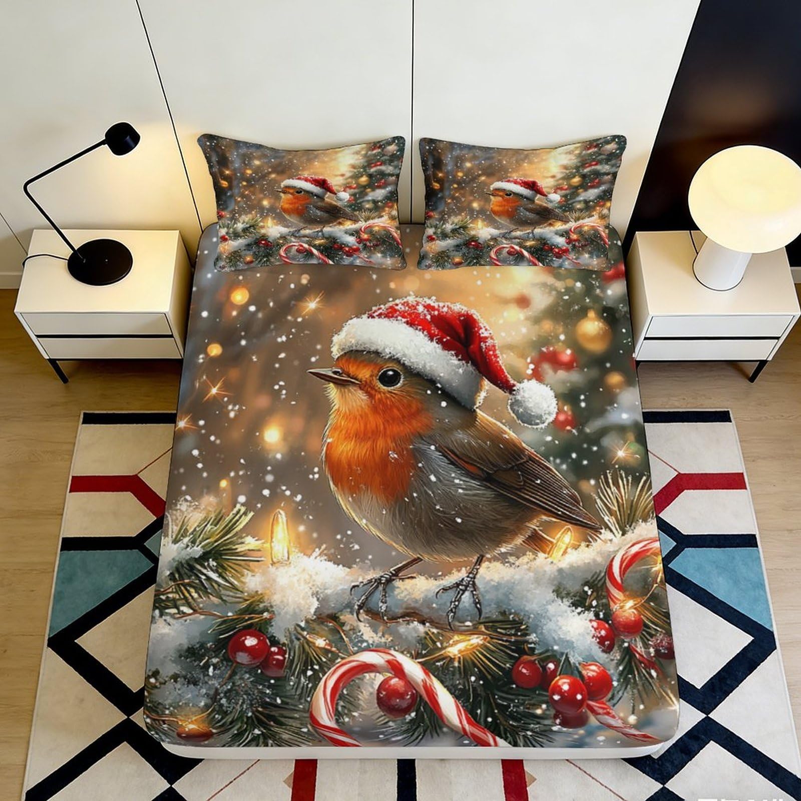 3D Printed Christmas Robin Fitted Sheet Microfiber Soft Santa Hat Bed Cover for Bedroom Dorm Mattress Decor 120x200cm 200x200x25cm
