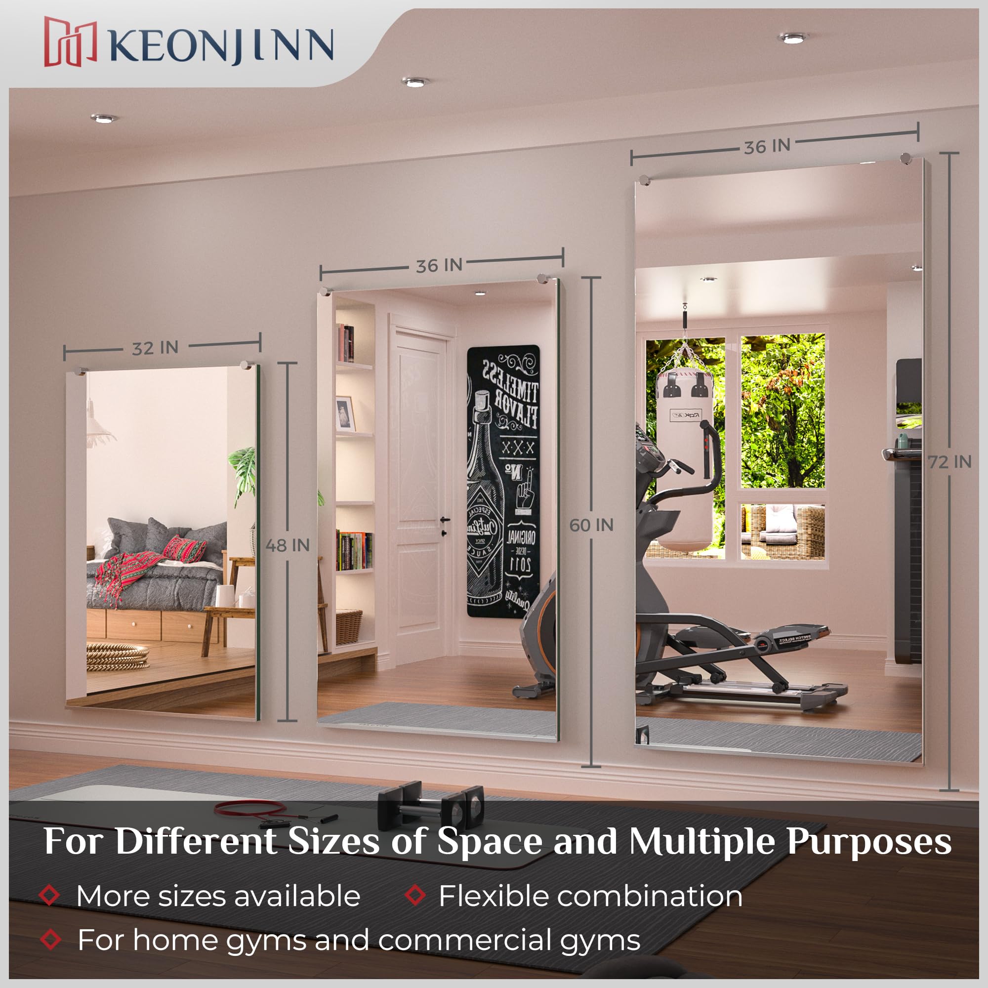 Keonjinn Specchio da palestra per casa, 152,4 x 61 cm x 2 pezzi, specchio da allenamento, grande specchio da parete a figura intera per fitness, yoga, specchio lungo da parete per garage, decorazione